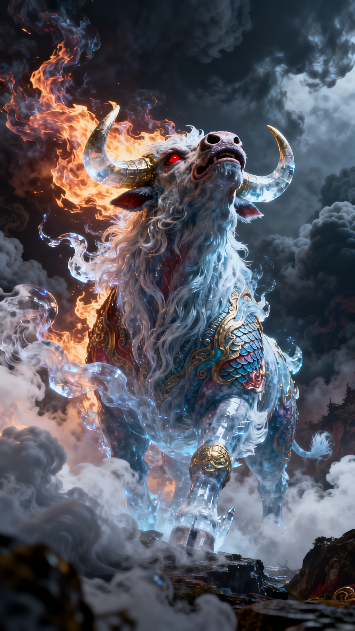 以玄幻风格呈现的古代神兽“冰牛”的远景，冰焰成神兽，焰冰缭绕且剧烈躁动的翻腾，云雾缭绕且凶猛翻滚，神兽长相狰狞，仰望天空，威风凛凛，色彩丰富，夸张惊悚恐怖的压抑的气氛，背景妖气黑暗云雾缭绕，细节丰富，恐怖威严的气氛。深… - AI提示词参考图，来自西西提示词