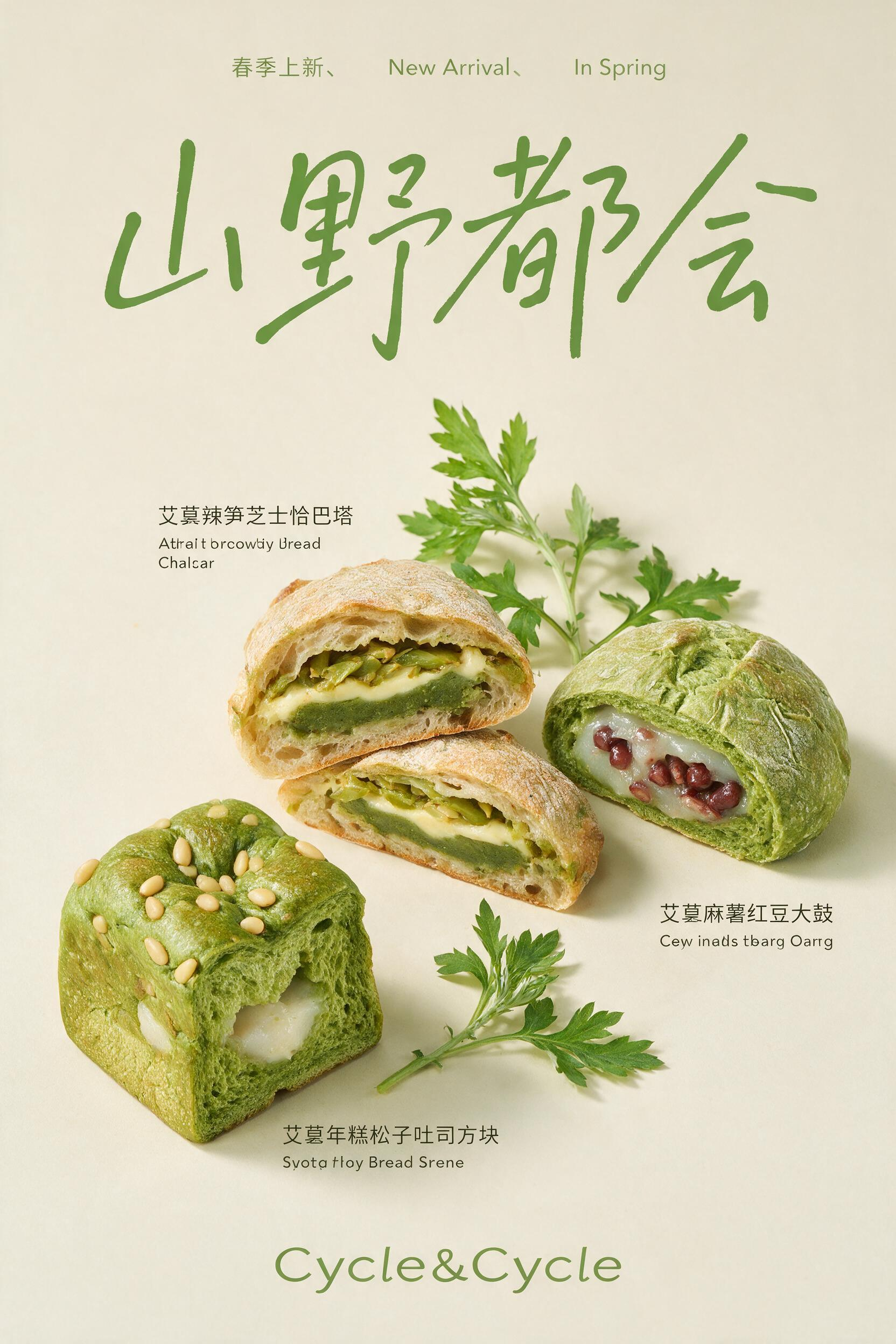 春季艾草面包新品海报 竖版烘焙新品商业海报,浅米色干净纯色背景,春日艾草主题,顶部文字 “春季上新、New Arrival、In Spring”,居中大号绿色手写字体标题「山野都会」;画面摆放四款艾草面包:艾草年糕松子… - AI提示词参考图,来自西西提示词