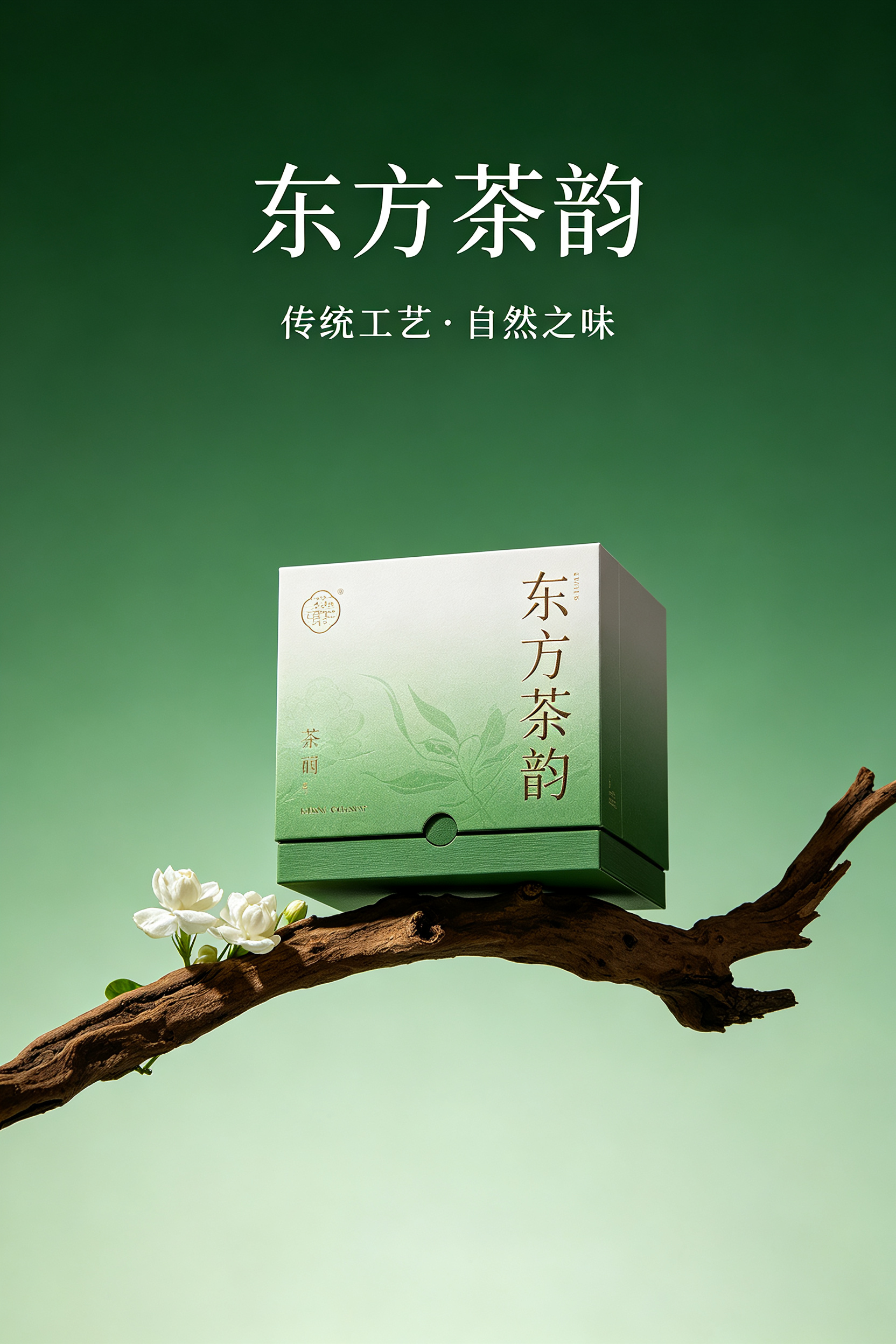 这副海报画面充满了东方和韵味的氛围。背景是高级绿色调，营造出一种中式茶韵味的感觉，海报中央突出显示了一盒茶包装盒，包装盒的下方有着一个枯枝和茉莉花。背景是绿色渐变，实景拍摄，干净 - AI prompt reference from CC Prompt Galaxy