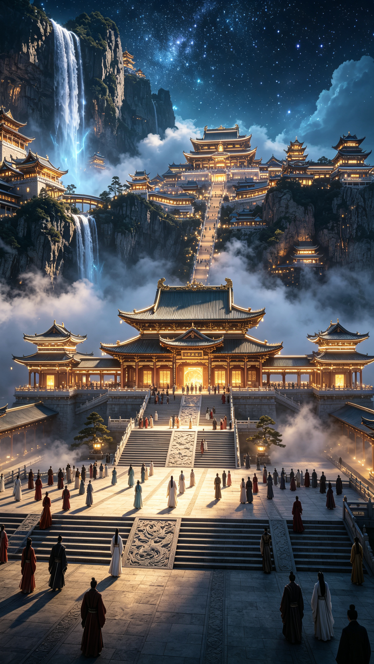 ##未来古风悬崖石壁山城，非传统豪華建筑群依山崖石壁而建，從山底到山顶都有行人聚集，前景主建筑寛石梯广場，雾气弥漫，营造神秘氛围，电影级光照，高细节，远景，超远景都見建筑群，9:16，奇幻，仙侠，仙气，云雾缭绕，瀑布，… - AI提示词参考图，来自西西提示词