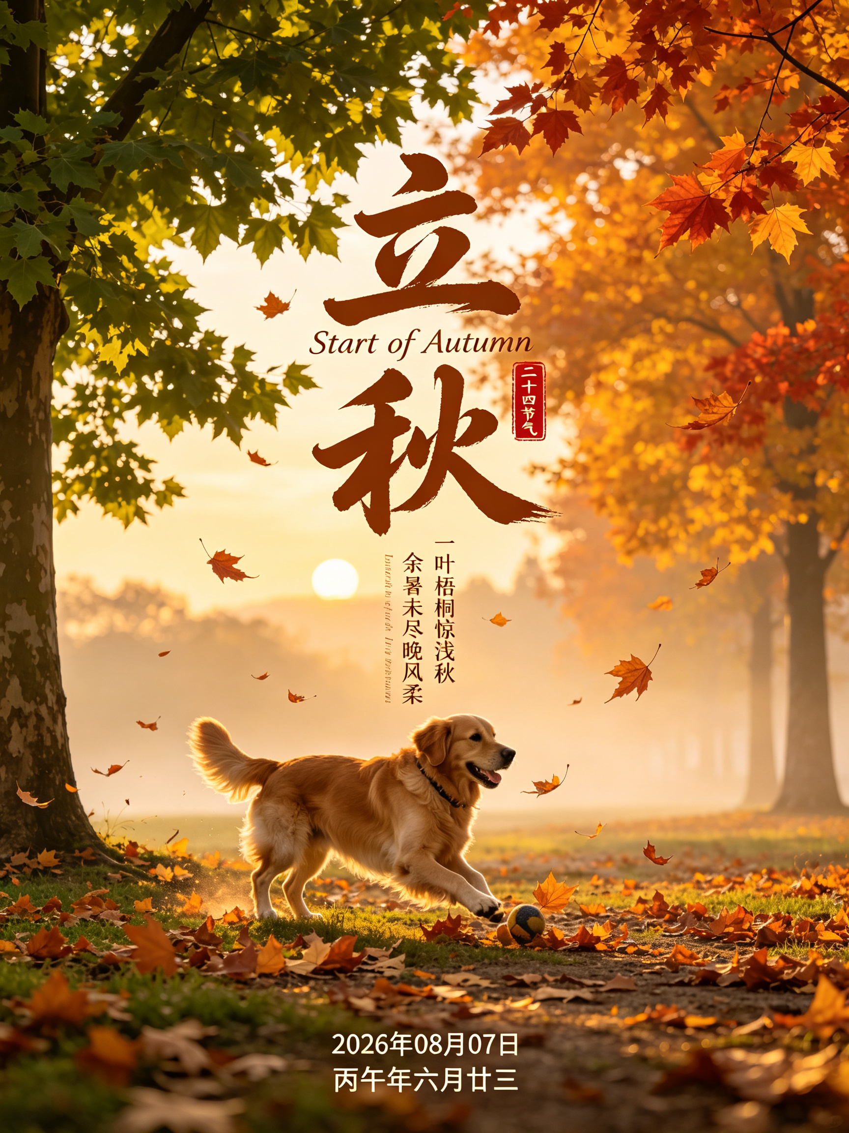 竖版3:4，高清写实胶片摄影海报，夏末秋初实景背景，柔和黄昏暖调自然光，一半尚存盛夏翠绿梧桐，一半树叶晕染金黄橙红，空中飘落几片梧桐秋叶，地面散落落叶，有一只金毛尋回犬在嬉戲，远处淡暖落日柔光，空气有轻薄薄雾，层次丰富… - AI提示词参考图，来自西西提示词
