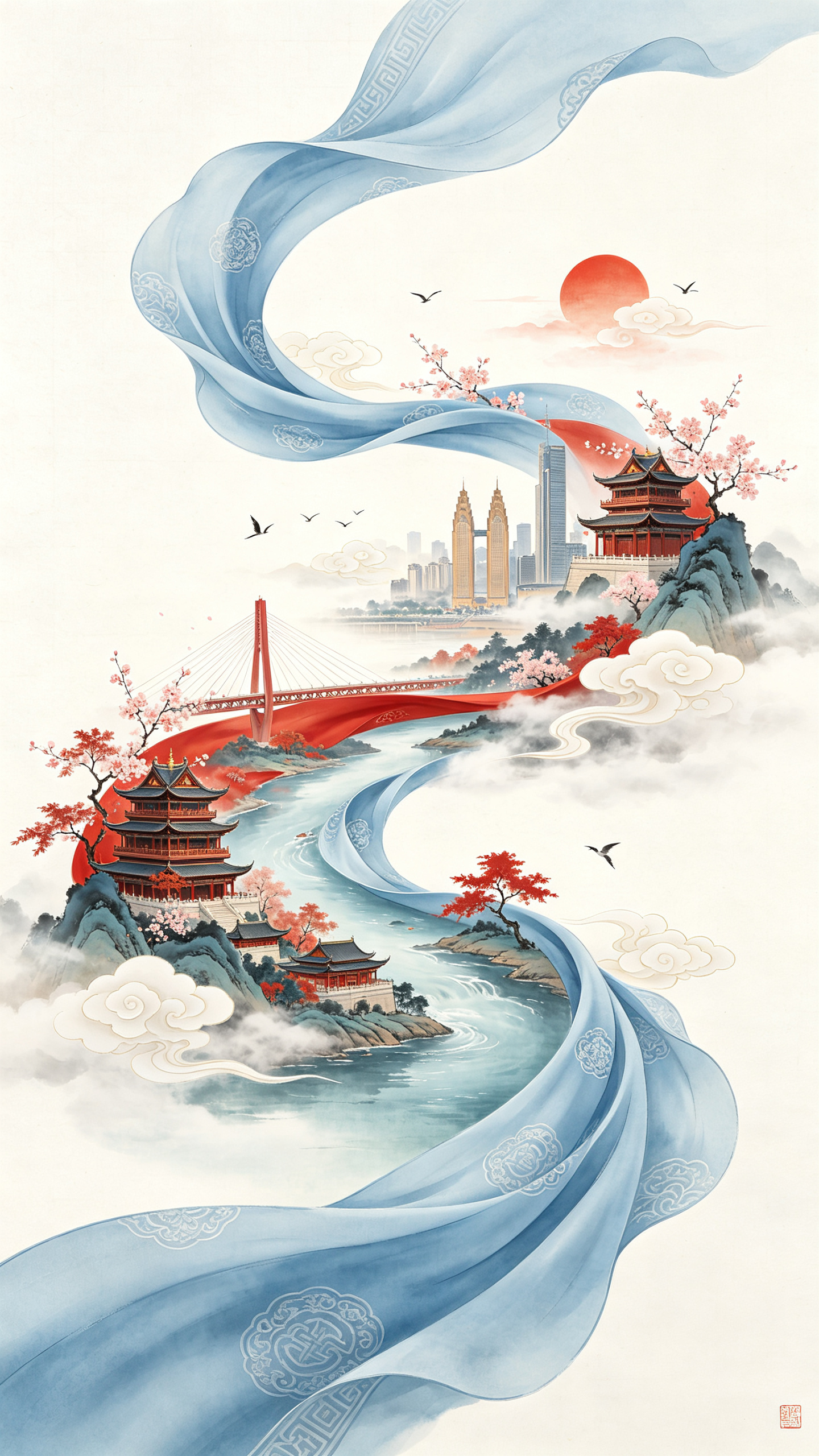 充满新春喜庆氛围但不失高雅格调，国潮新中式水墨风格，S型流动构图，双重曝光效果。纯白带细微纹理的宣纸背景，正挥舞着一条长长的浅蓝色丝绸舞带，浅蓝色绸带有精致的传统暗纹，丝绸质感柔顺飘逸，在空中向左上方飘动，奇幻地变形成… - AI prompt reference from CC Prompt Galaxy