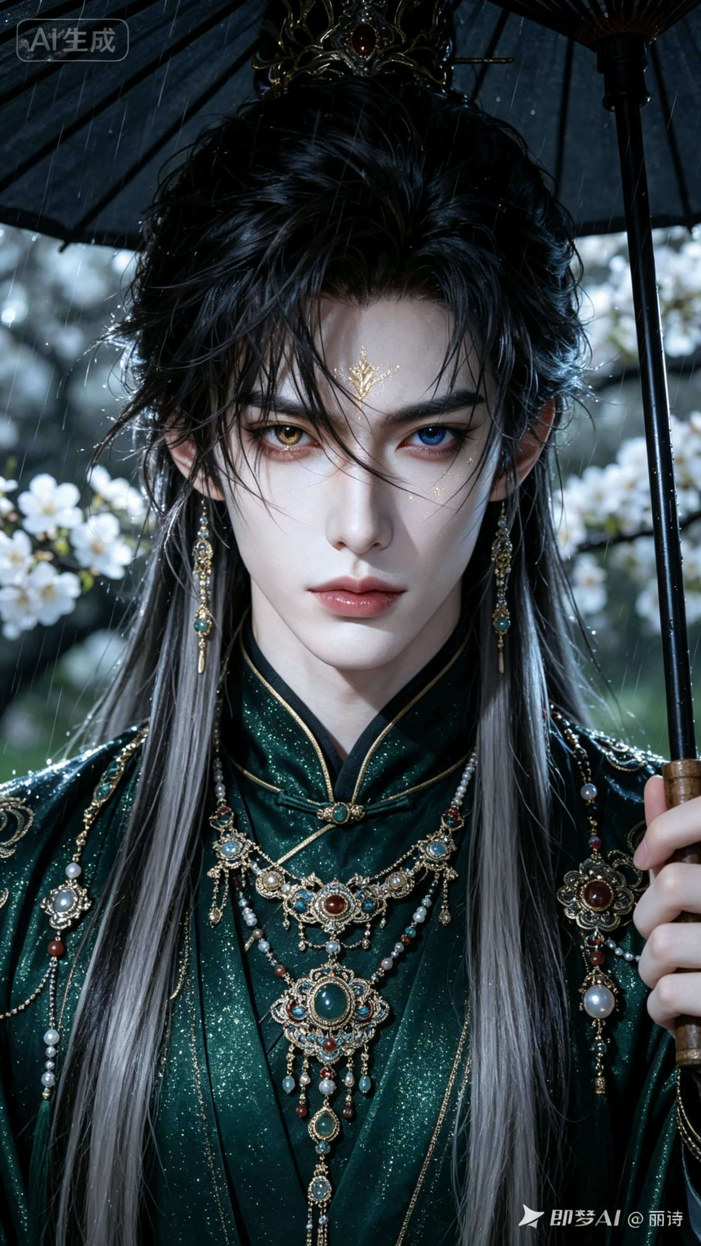 ##运用AI艺术风格，画面中展现出一位成年的年轻BJD美男子，神性，清冷，他身着暗绿色的精致中式服饰，带有细闪和极繁华丽的超精致配饰首饰，尽显极繁主义的华丽。他有着黑灰色的长发，两束披在身前。面部特写中，他的丹凤眼狭长… - AI提示词参考图，来自西西提示词