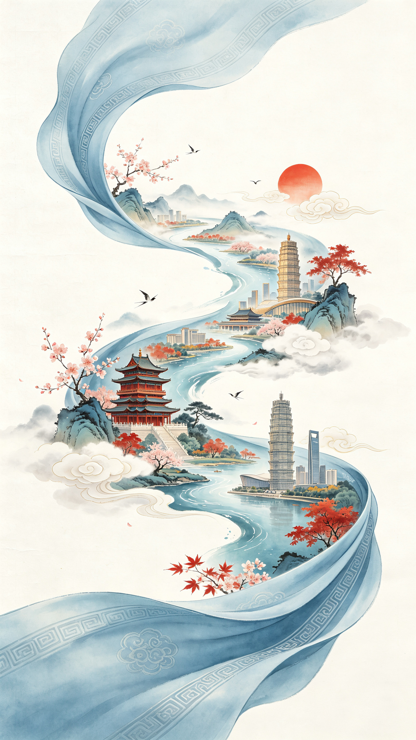 充满新春喜庆氛围但不失高雅格调，国潮新中式水墨风格，S型流动构图，双重曝光效果。纯白带细微纹理的宣纸背景，正挥舞着一条长长的浅蓝色丝绸舞带，浅蓝色绸带有精致的传统暗纹，丝绸质感柔顺飘逸，在空中向左上方飘动，奇幻地变形成… - AI提示词参考图，来自西西提示词