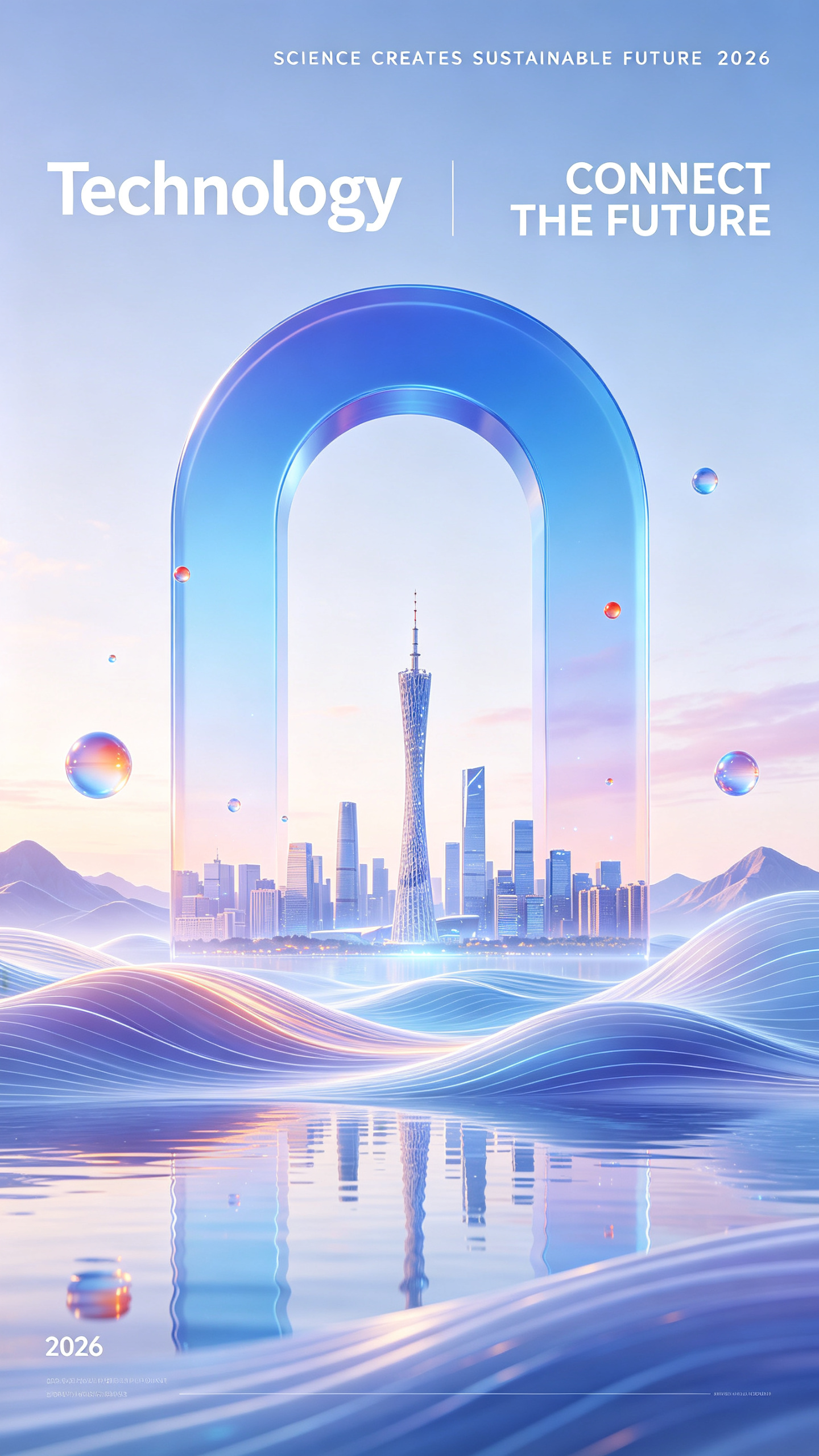 科技峰会主视觉海报，C4D+OC渲染风格，整体采用通透的渐变蓝白为主色调，搭配淡紫、浅粉、橙红点缀，营造纯净未来感氛围。中心是巨大的半透明蓝色拱门造型，内嵌郑州未来城市天际线；底部是流动的波浪线条与镜面湖水倒影；点缀悬… - AI prompt reference from CC Prompt Galaxy