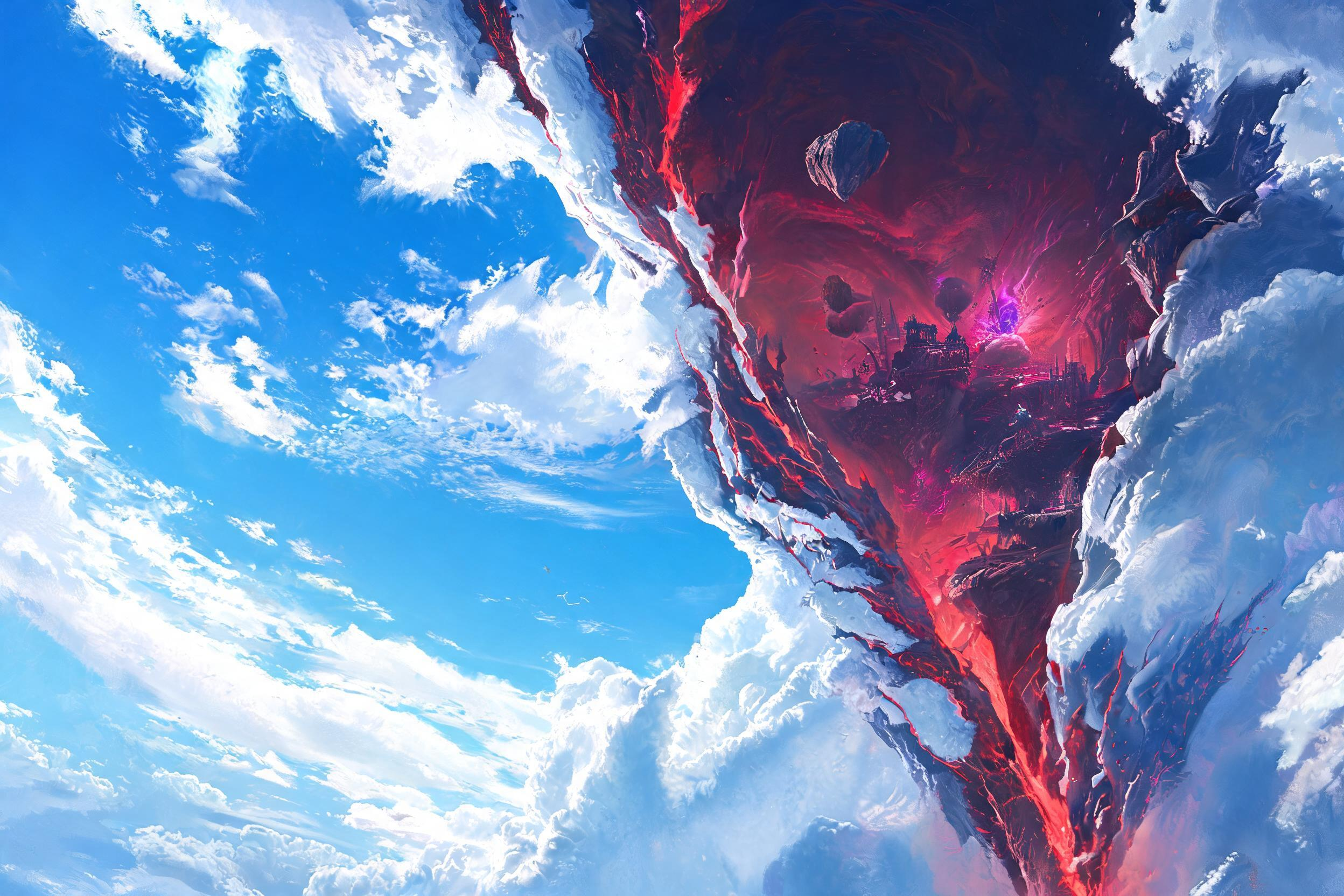 主题:撕裂的天空 内容:蔚蓝的天空，白云飘飘，天空中撕裂一道极其巨大的血色裂缝，裂缝里是异界。 镜头:低角度仰拍，超广角镜头，超远视角。 效果:轻油画风格，笔触细腻厚重，从右下到左上的斜构图，NASA镜头语言，大师级构… - AI提示词参考图，来自西西提示词