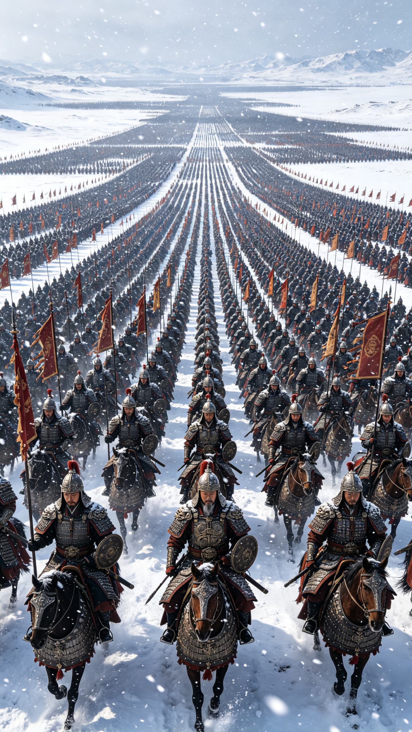 卫星地图视角，漫天鹅毛大雪，中国古代唐代铁甲骑兵大军集结，铺满整片雪原，无边无际，全景，宏大战场，风格震撼。史诗级场面，超广角，宏观尺度，地形辽阔，军队方阵，古代中国铠甲，旌旗如林， cinematic lightin… - AI提示词参考图，来自西西提示词