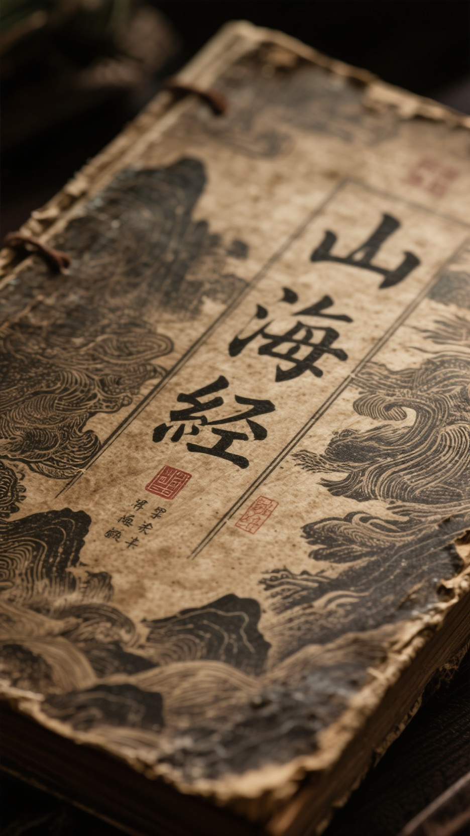 一本古朴的《山海经》书本封面，特写镜头，超写实摄影，陈旧、神秘氛围，质感清晰 - AI prompt reference from CC Prompt Galaxy