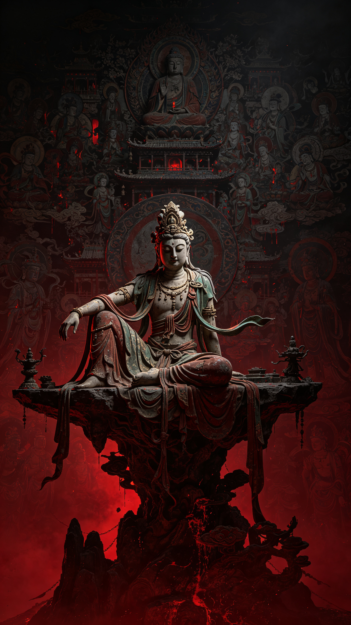 游戏cg，3d建模，敦煌文化主题场景，暗黑风，极繁主义，背景有鬼域等敦煌元素，敦煌元素由上方开始铺开，营造出阴森压抑的氛围，整体风格富有艺术感与文化底蕴，3d渲染，高清晰度，大师杰作，极致细节，加入红色黑色渐变效果高清… - AI提示词参考图，来自西西提示词
