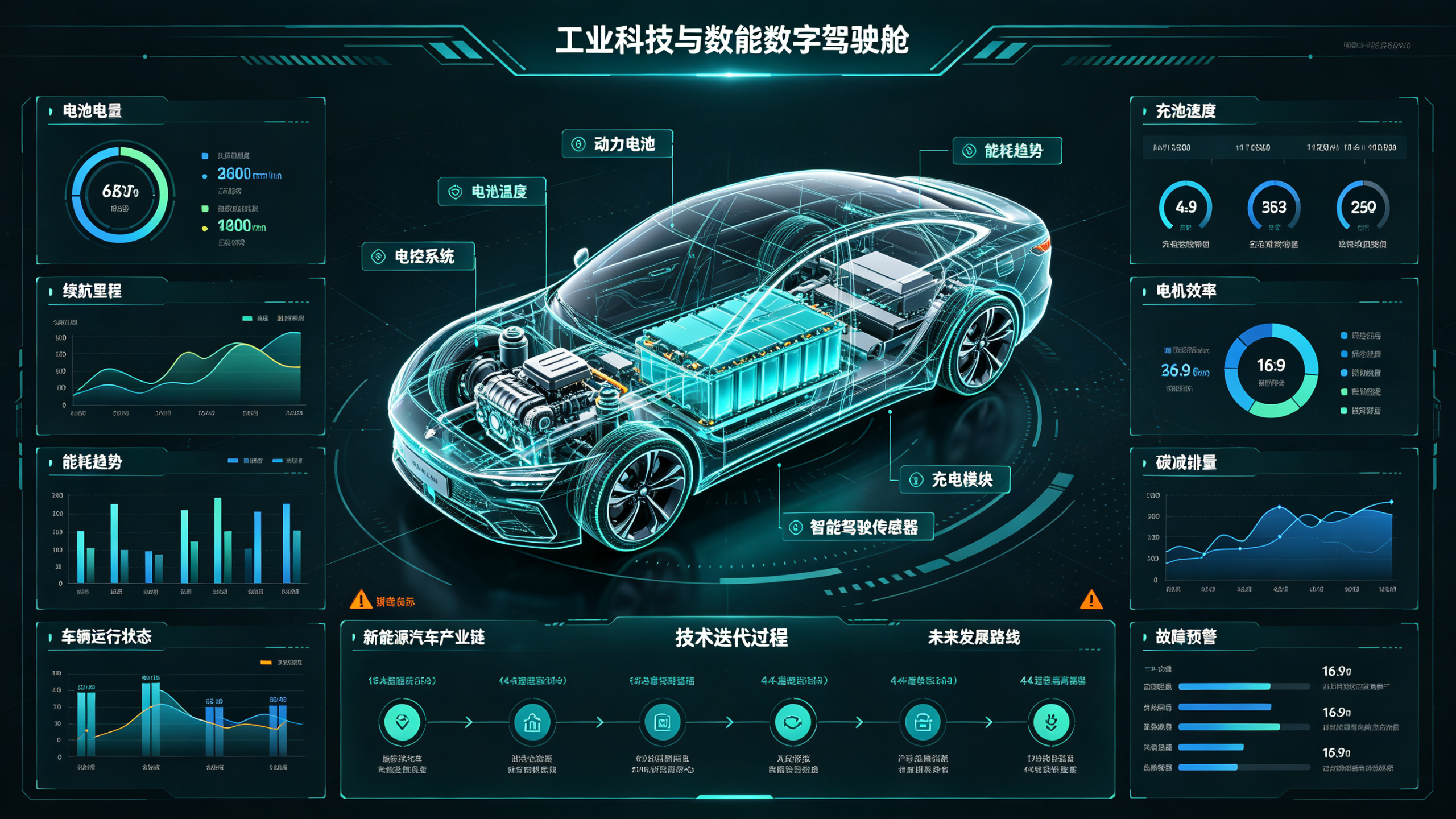 以新能源汽车技术为主体设计一套产业数据可视化大屏UI。画面中央以新能源汽车三维模型作为主视觉，采用透视结构展示动力电池、电机、电控系统、智能驾驶传感器和充电模块。左右两侧展示电池电量、续航里程、能耗趋势电池温度、充电速… - AI prompt reference from CC Prompt Galaxy