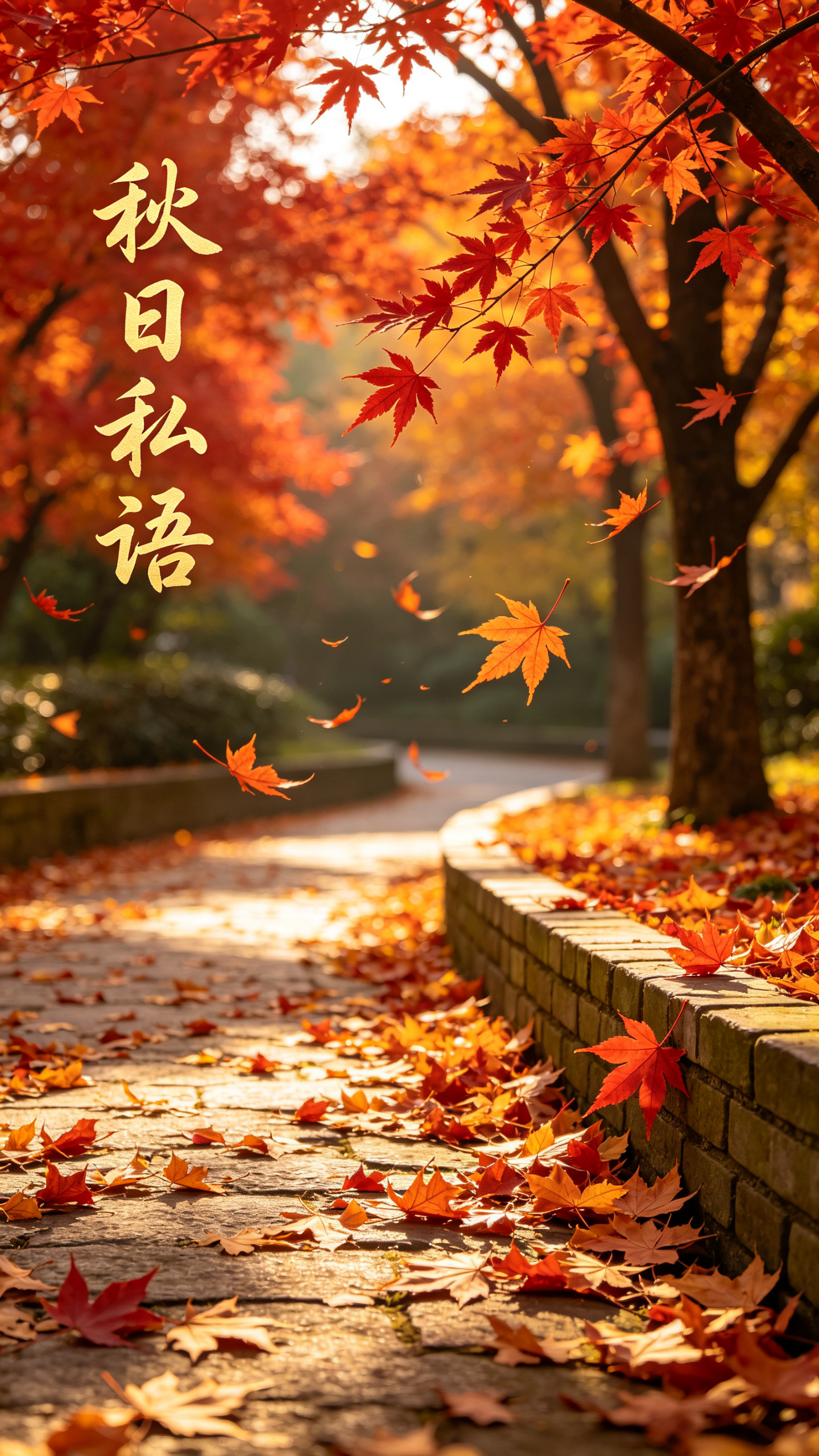 公园的小路被落叶铺成柔软的金红地毯，像在和秋天私语。两侧的枫树把枝桠伸得老长，叶片红得似火，风一吹便打着旋儿落下，偶尔有几片贴在青砖路沿，成了天然的装饰。左上方写几个字，（秋日私语） - AI提示词参考图，来自西西提示词