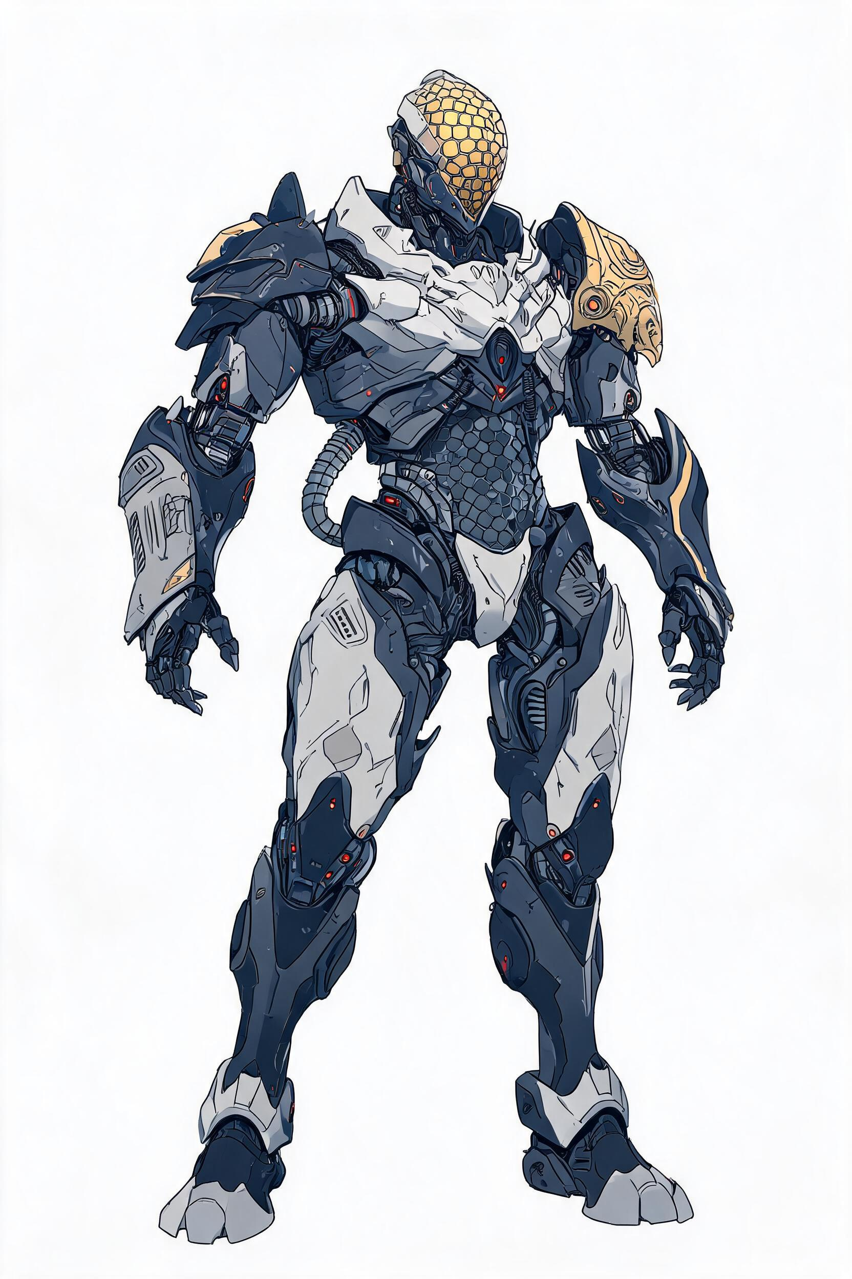 暗黑科幻扁平插画，精致干净线稿，高完成度，低饱和冷色调；全身站立立绘，纯白背景，无多余景物。赛博朋克生物机械质感，冷峻硬质光影。8.5头身男性，标准倒三角力学体态，宽阔胸廓、收窄腰腹，平衡战斗站姿，气场桀骜。全封闭无面… - AI提示词参考图，来自西西提示词