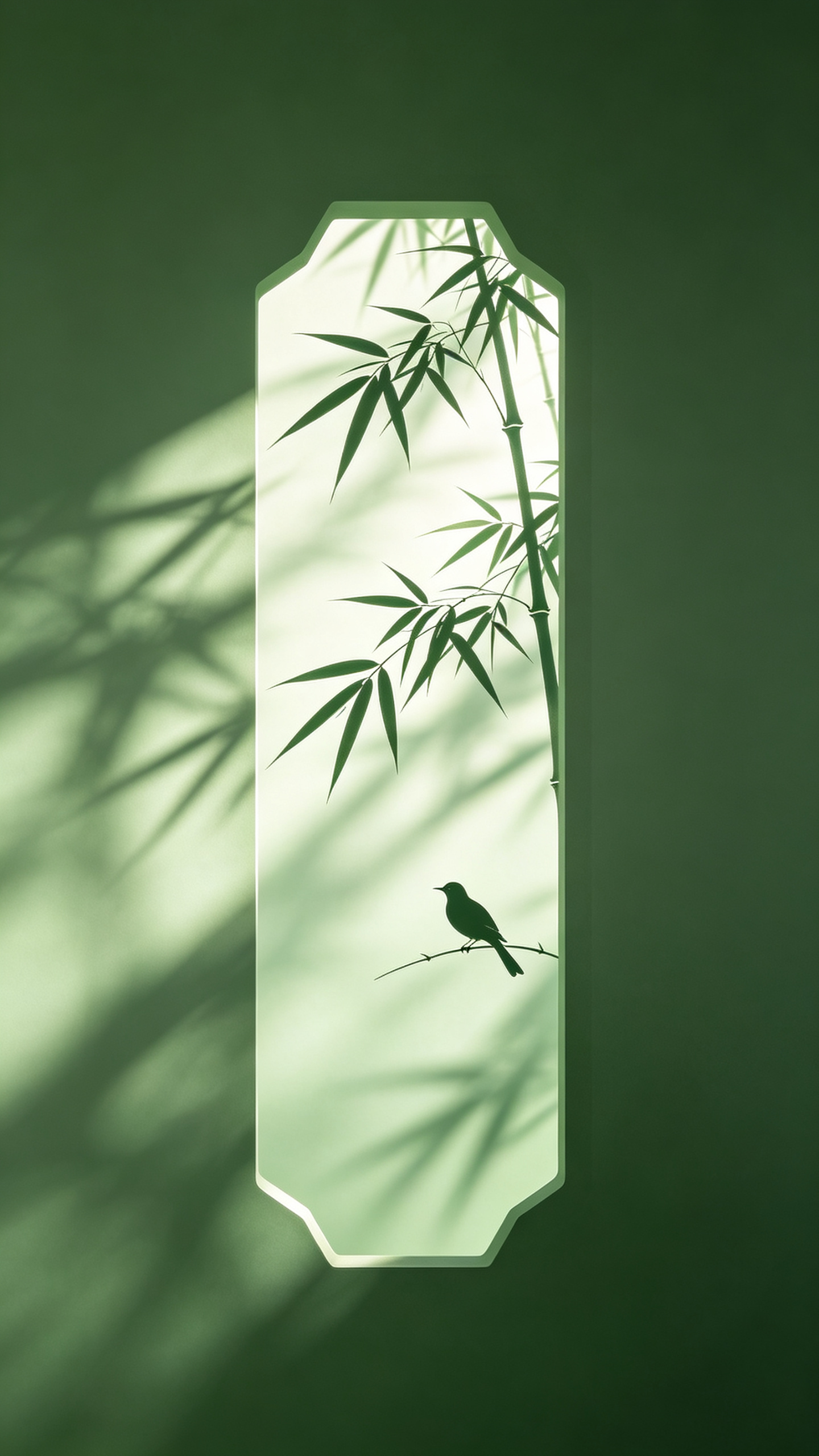 极简意境风格，场景，空濛背景，中间1/3有长方形六角洞窗光影区域，有竹叶剪影与小鸟剪影，整体呈现光影投射效果，氛围静谧，雅致，东方意境，光影与自然元素结合，渲染氛围，梦幻，整体绿色调，高清展示，大师级作品。 - AI提示词参考图，来自西西提示词