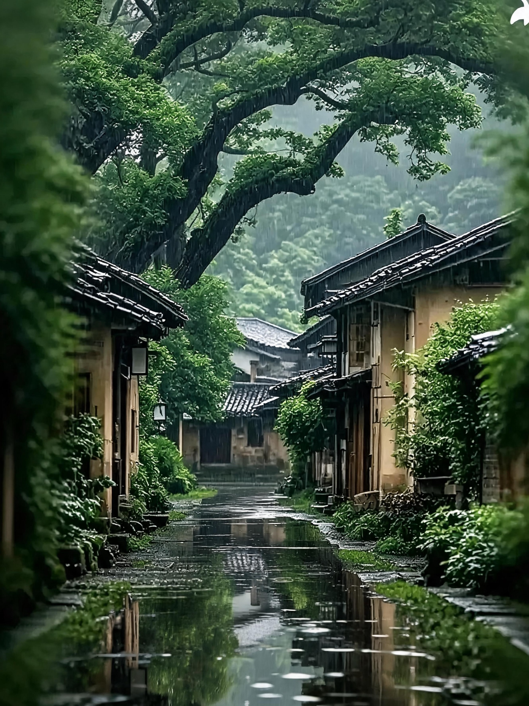 ##治愈系插画，参天古树，翠绿茂盛，古老的村落，一条悠长的小路，空无一人，雨后的场景，路上积水，超高清实景图，做一个跟一样的 - AI提示词参考图，来自西西提示词