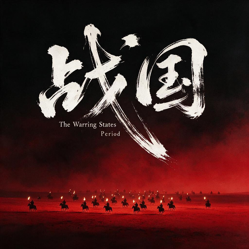 电影《战国》极简风格海报设计，大面积留白，最佳艺术构图，大师级排版，远景平视视角，黑夜里渺小古代骑兵高举火把穿梭，墨黑与惨烈血红渐变晕染，动态感拉满，创意手写草书“战国”肆意飞扬，强化草书字体的飞白笔触细节，笔触边缘呈… - AI提示词参考图，来自西西提示词