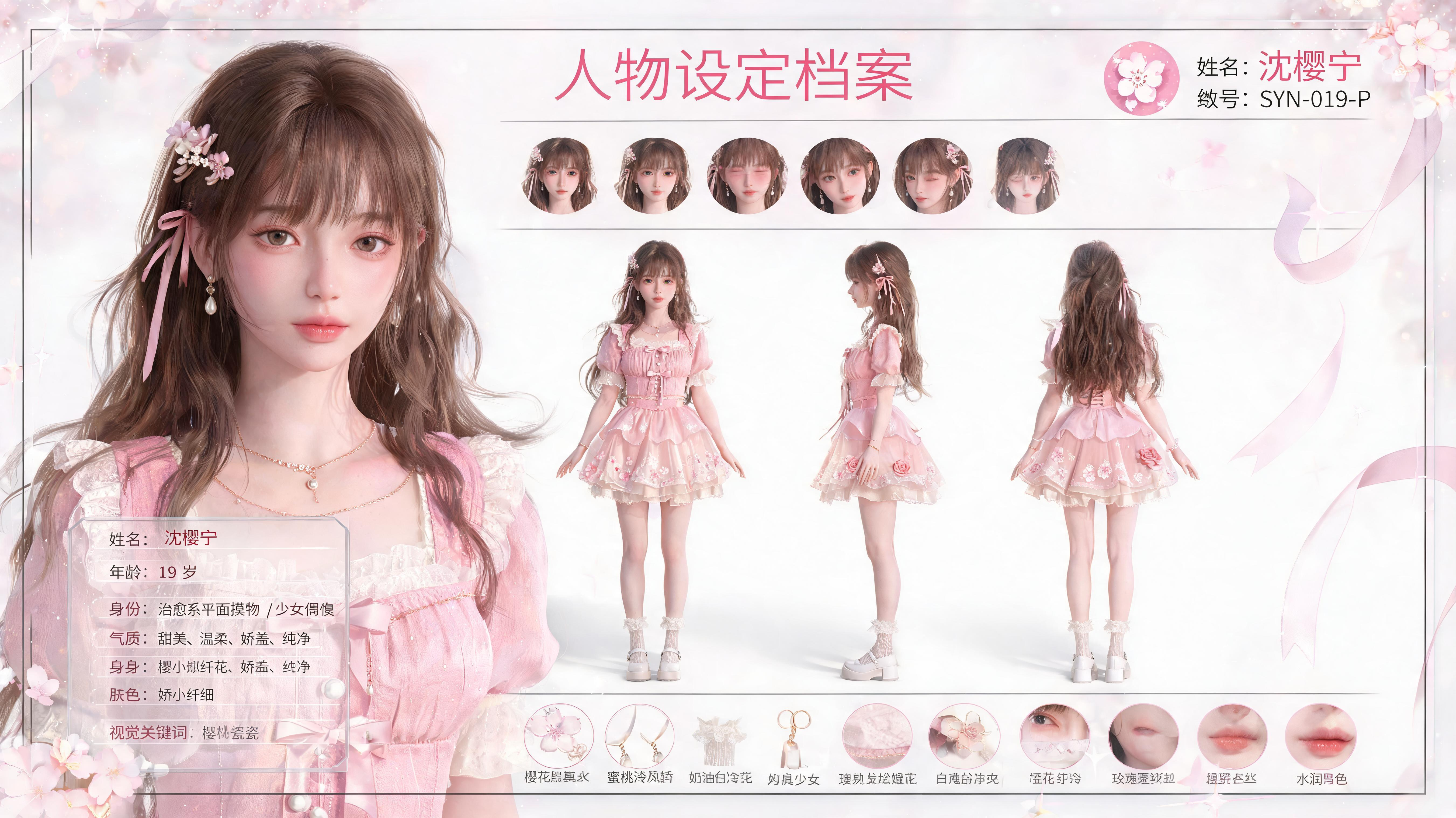 横版 16:9 AIGC 女性角色资产设定档案海报，主题为清透治愈系少女写真与樱花缎带偶像风，角色名【沈樱宁】。白色高级背景，服饰主色为樱花粉、蜜桃浅粉、奶油白与珍珠银，少量玫瑰金点缀；细线边框、樱花光斑、透明玻璃卡片… - AI提示词参考图，来自西西提示词