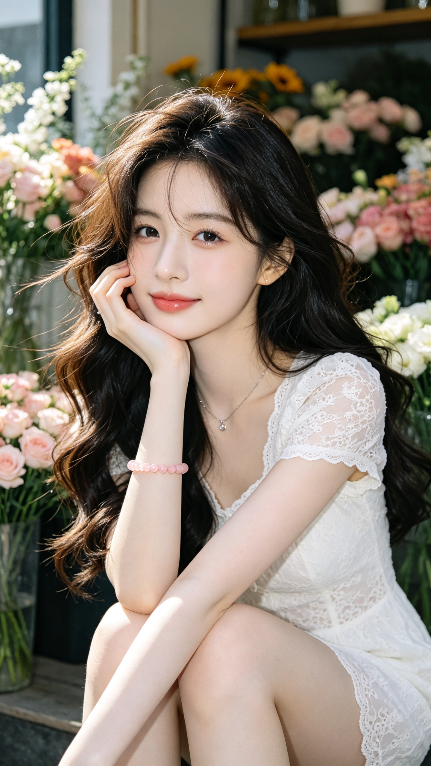 真实摄影，亚洲美少女薇薇，棕黑色长发大波浪、细项链、粉色手链，穿着白色短袖蕾丝上衣；背景鲜花店，整体风格甜美温柔，充满文艺与清新的氛围美感，（电影级面光：1.6），（光线追踪：1.5），（冷白皮漫感质感的光滑皮肤：1.… - AI提示词参考图，来自西西提示词