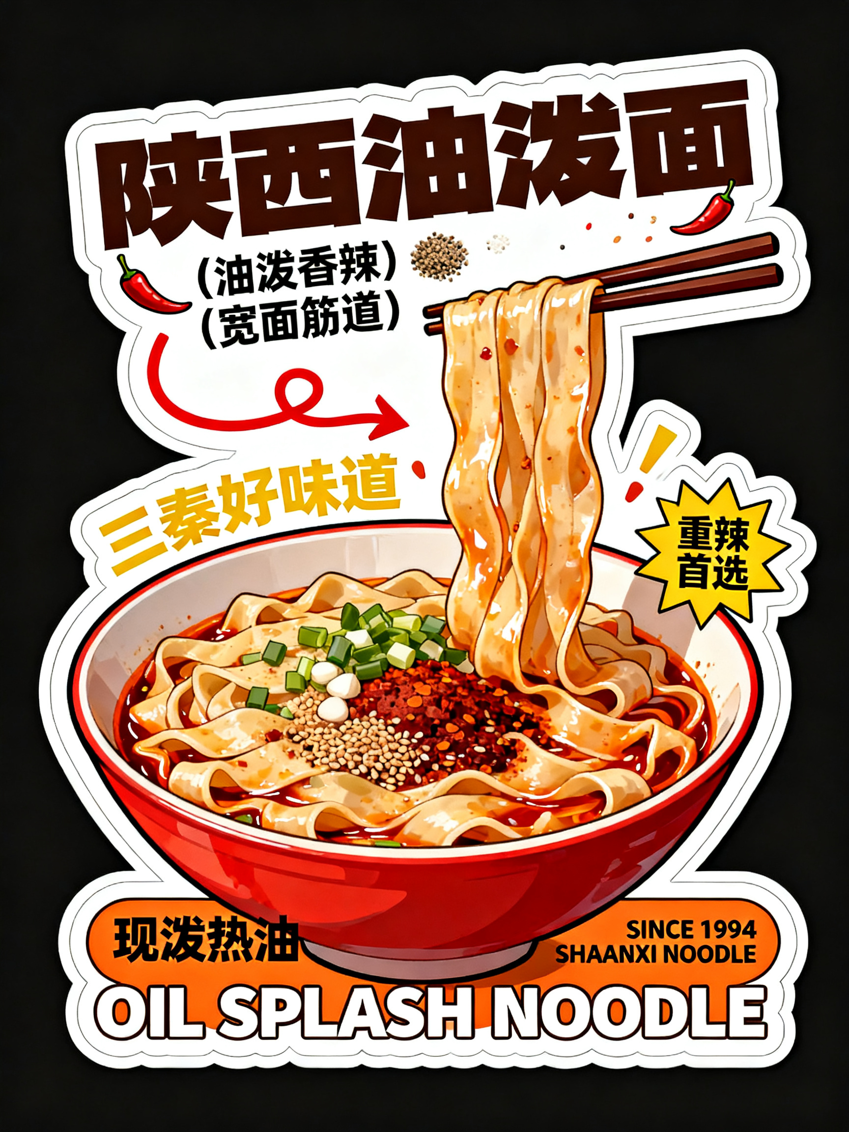 异形牌风格美食促销海报，整体轮廓活泼有设计感，造型灵感来源于红油泼洒与辣子跳动曲线，边缘以白色描边勾勒。主体呈现一碗油泼面，采用卡通美食插画风格：碗中宽面筋道厚实，热油泼面滋滋作响，一部分被挑起展示油光裹面状态，另一部… - AI提示词参考图，来自西西提示词
