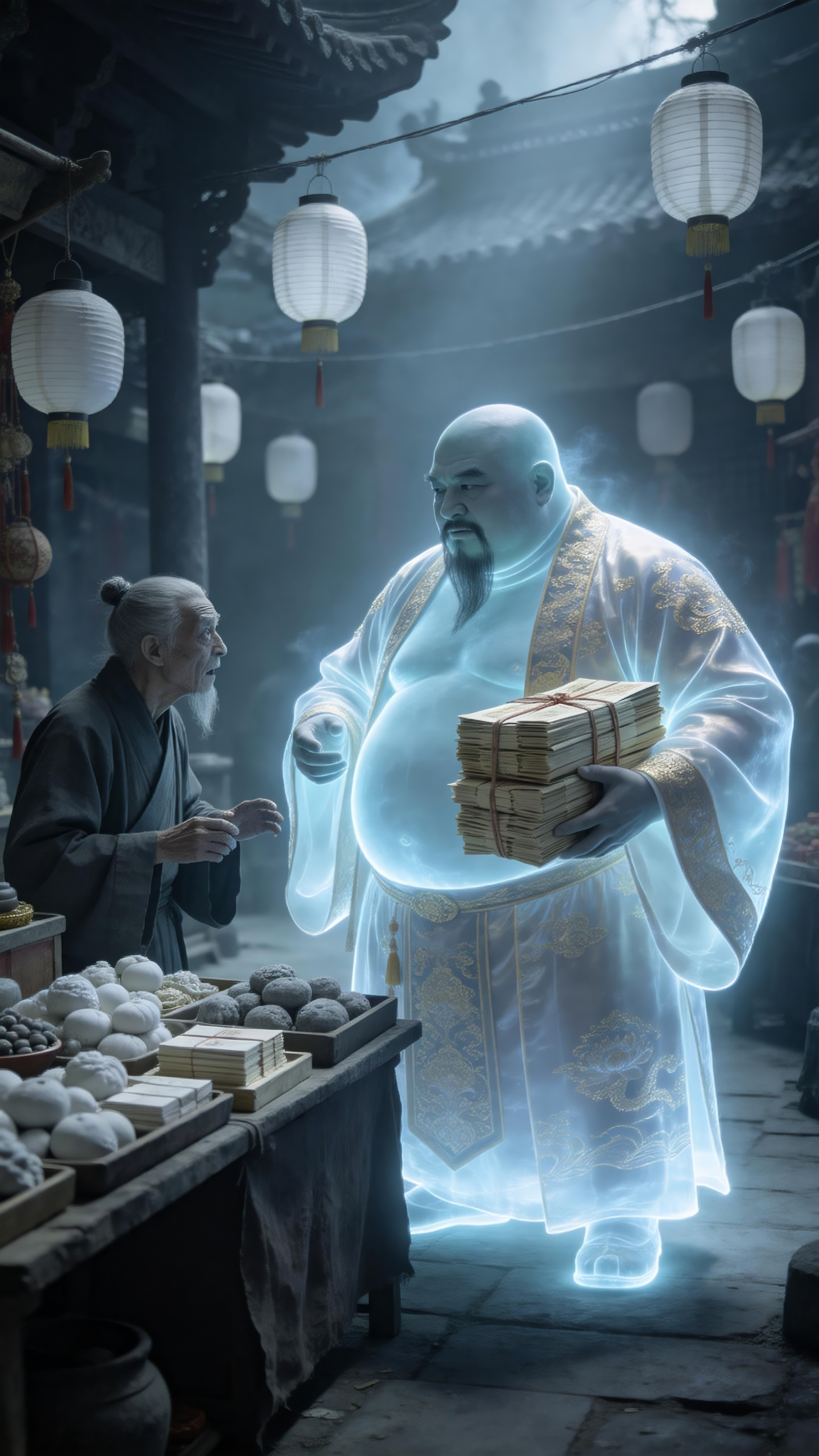全景构图，阴间古代集市，白灯笼高挂，摊位上灰白祭品，富商亡魂身形半透明肥胖，浑身散发着微弱的蓝白色光芒，横肉脸青灰色，两撇胡须，华丽丝绸寿衣，手捧大捆纸钱，与瘦小老鬼摊主争执，环境空旷阴冷，顶光照射，超高清写实电影感。 - AI提示词参考图，来自西西提示词