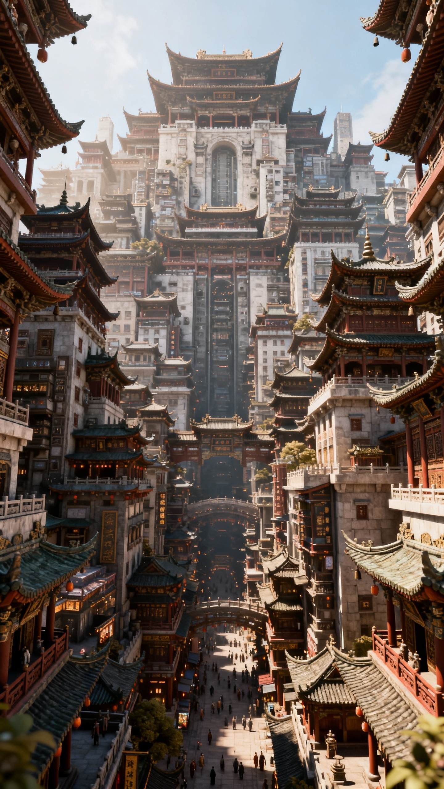 以极繁主义风格呈现的杰作，从仰视视角展现充满神秘感且细节完美的3D建模国风古代大都市，采用航拍视角，尽显宏大与繁华。巨构建筑群，极其繁复，结构层层叠叠、错落有致，往上看不到顶，往下看不到底，背景建筑都是古代风格。 - AI提示词参考图，来自西西提示词