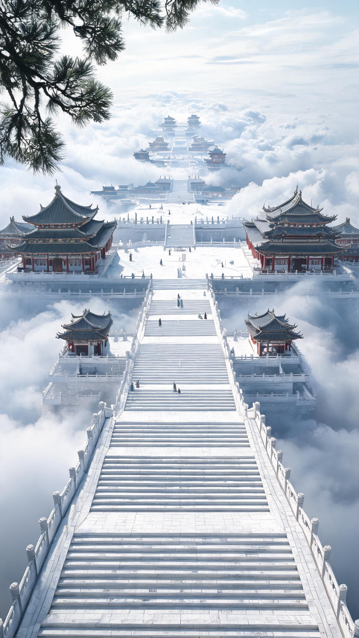 第一人称视角，路人视角，仰视角构图，前景遮挡，充满神秘感且细节繁复的直通天际的云雾白玉长阶，每100米都有一个宽大的平台广场，恢宏浩荡的古建筑群坐落于每个平台两侧、极具压迫感的景象。行人点缀。古风奇幻氛围。 电影级写实… - AI提示词参考图，来自西西提示词
