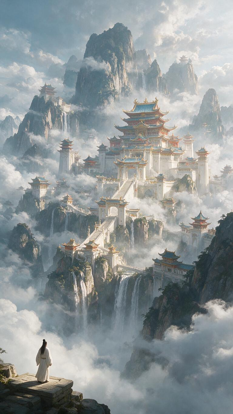 16:9横版，东方神话史诗场景，主题为“天上白玉京，十二楼五城”。画面采用超广角远景构图，左下角古老石台上站着一位极小的白衣古代文人背影，长发高束，宽袖长袍自然垂落，双手自然放低，尚未举起酒杯，独自遥望远方天上神都，以… - AI提示词参考图，来自西西提示词