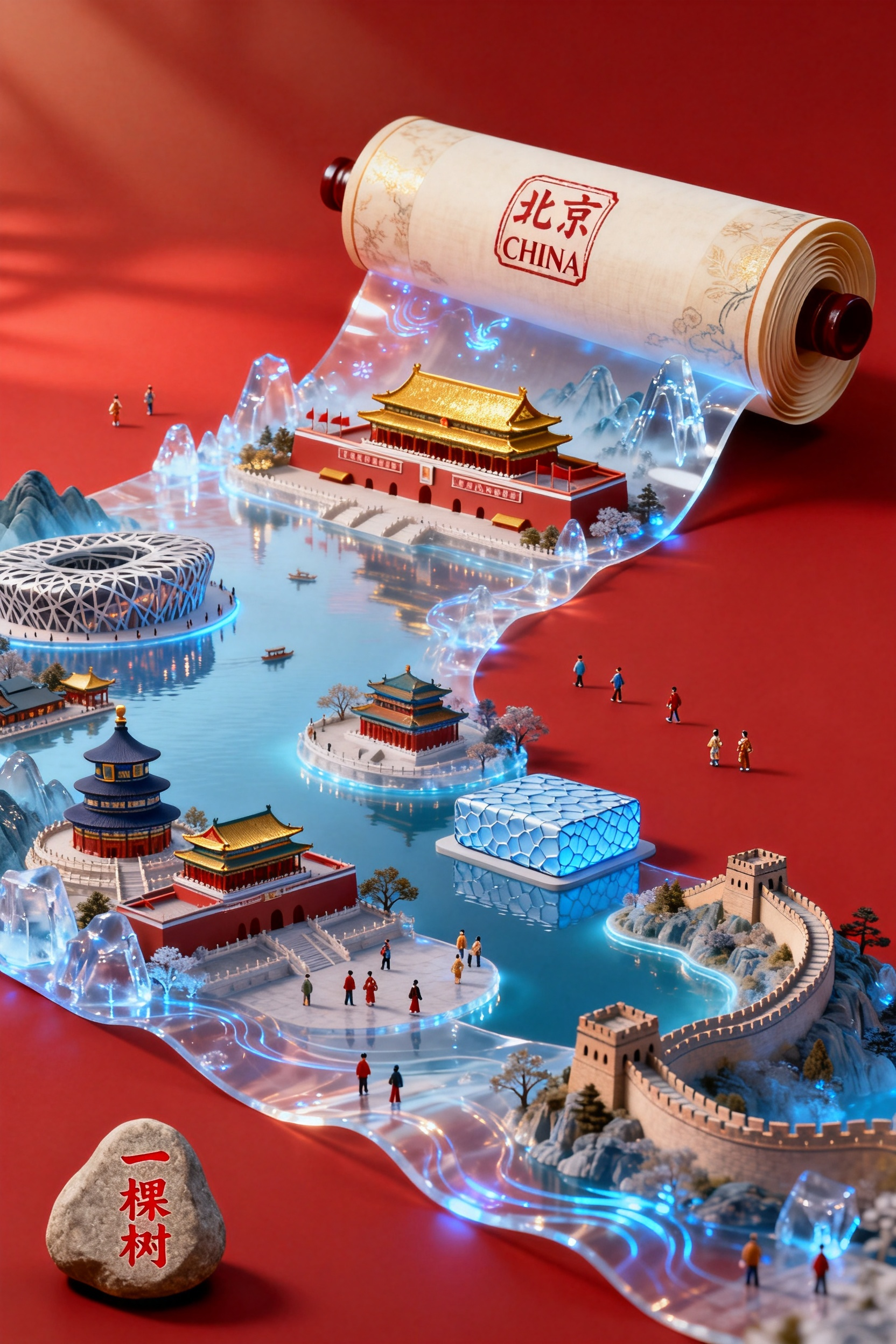 画卷自右上向左下徐徐展开，湖光山色建筑如生长般浮现，统一浓郁红色背景，无其他杂物。透明绢本上熬着生物灾光，呈现立体北京景象：故宫、天安门、天坛、颐和园、八达岭长城、鸟巢、水立方等地标错落有致，卷首篆刻“北京”与“CHI… - AI prompt reference from CC Prompt Galaxy