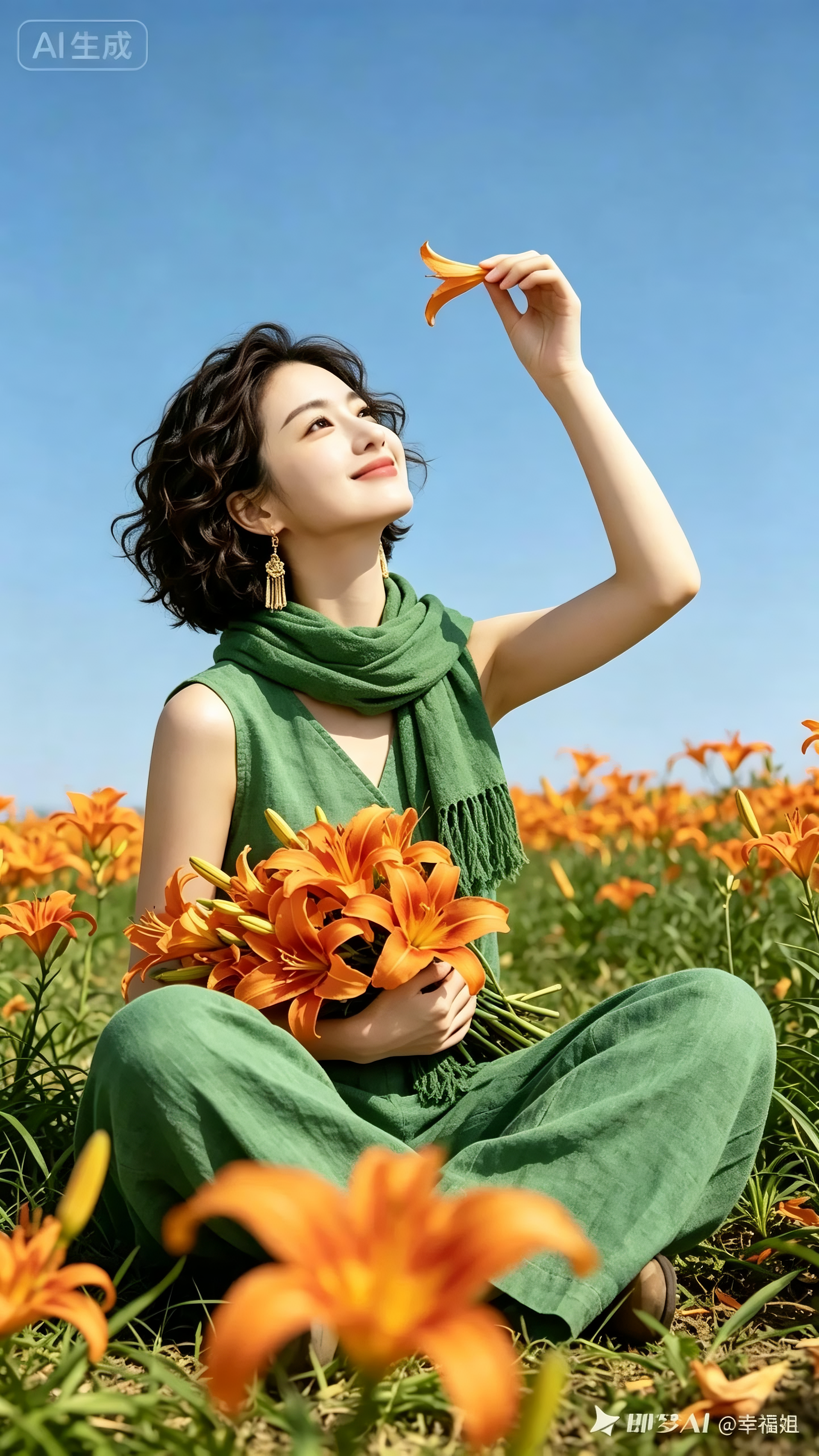 ##户外橙色百合花田野人像，气质温婉东亚女性，深棕色短款羊毛小卷发，妆容淡雅温柔，抬头浅笑望向空中，佩戴精致金色流苏耳饰；身着全套绿色亚麻无袖上衣与阔腿长裤，脖颈环绕同色系流苏围巾，坐在百合花田草地上，怀中抱着一束橙色… - AI提示词参考图，来自西西提示词