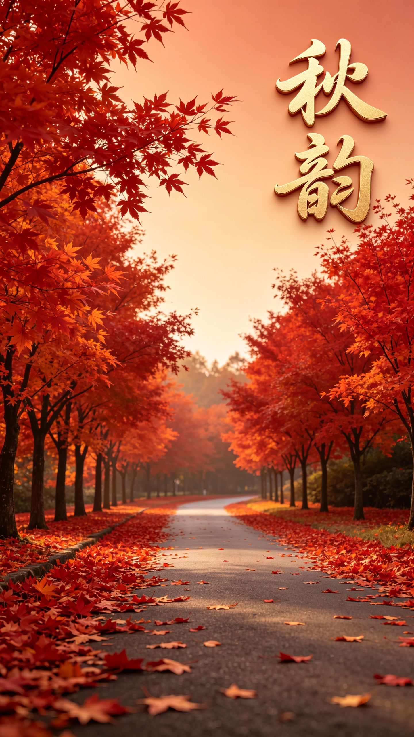 背景为自然秋季景色渐变，路面两边密密麻麻都是枫树，枫树叶全红了，地上的落叶也全红了，红的像幅画，红的像首诗，画面右上角用3D狂草竖写“秋韵”，沉稳高级优美简营造轻奢、精致质感，强调稳定与聚焦，高清高级。 - AI提示词参考图，来自西西提示词