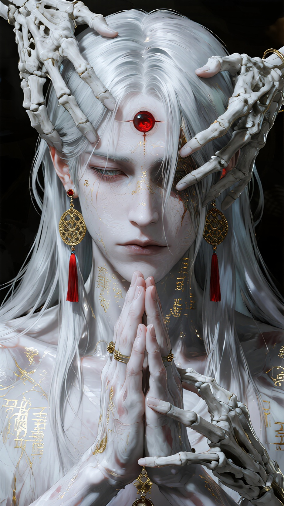 一幅极具压迫感与宿命感的暗黑奇幻神作，完美融合了哥特式宗教美学与梦核（Dreamcore）的迷离诡谲。采用极端的微距级特写构图与中心对称布局，人物面部占据画面95%的绝对核心，几乎吞噬了所有背景留白。 画面中央是一位散… - AI提示词参考图，来自西西提示词