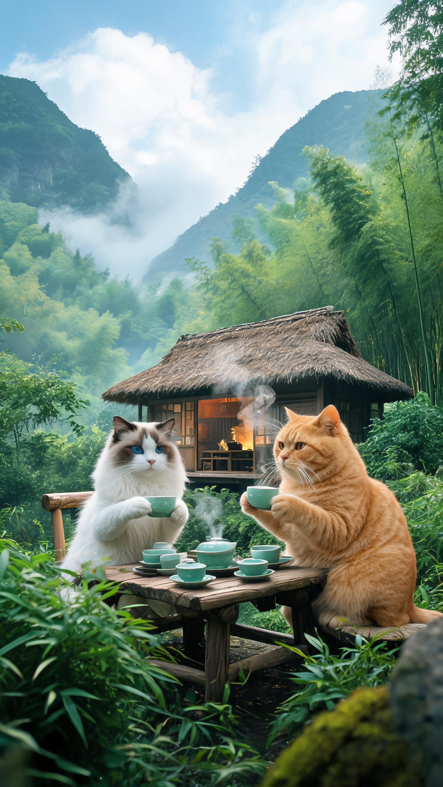 写实风格。清幽竹林庭院满目翠色，朴素茅草小屋隐于青山绿意间，漂亮的布偶猫和大胖橘猫咪拟人化的对坐在桌前喝茶，屋内煮着山间清茗，满山草木朦胧温润。悠悠白云闲散淡然，自在静谧，夹在两山之间，不出岫，隐世山林意境，石绿，蓝棕… - AI提示词参考图，来自西西提示词