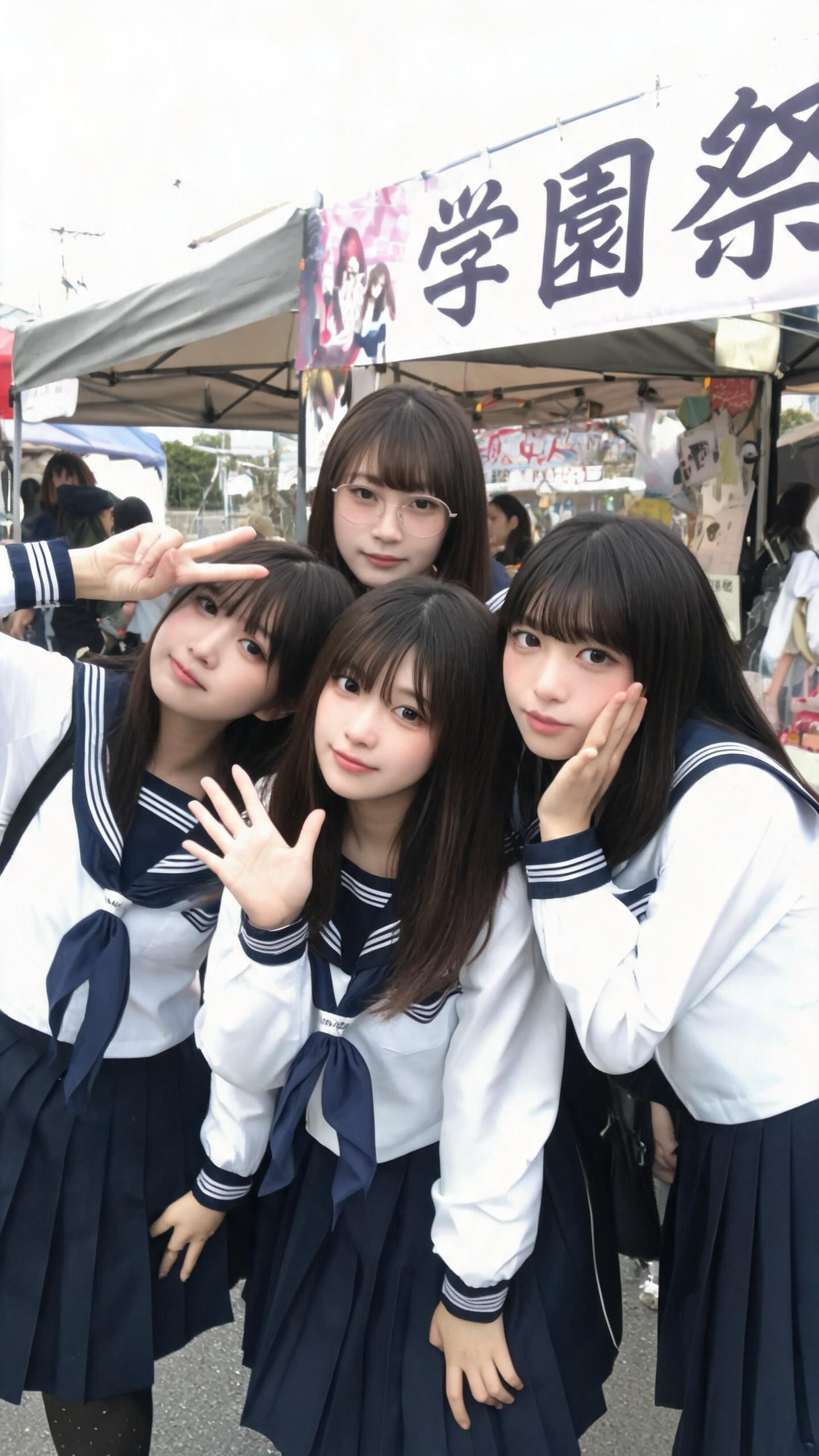给我生成一张2006年7月晴天，日本某校园学园祭，一些穿着JK服装美丽的日本中学生，神情愉快地对着镜头摆各种可爱中二pose，要求画面不够真实，使用卡片机拍摄，画面发灰，色彩不均匀，非常不鲜艳，不艳丽，光照不充足，图片… - AI提示词参考图，来自西西提示词
