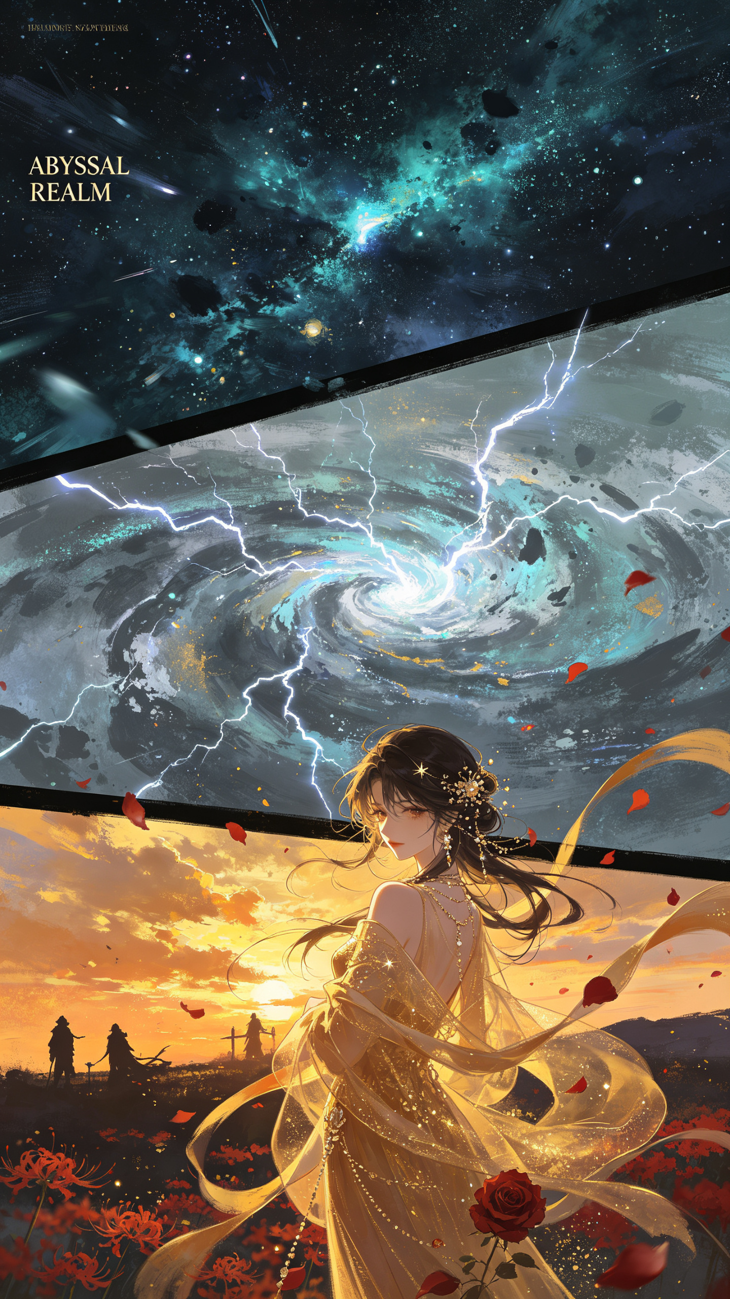 动漫水彩暗黑丙烯插画风格，冷色调超现实深空场景，有动态模糊、迷幻光影、多重曝光、暗调高曝对比、拖影失焦、抽象蔓延、梦核光朦质感、大面积留白、电影级特效、英文解析文字、夸张非对称分屏构图、弥散渐变噪点、冷暖交织，颜料涂抹… - AI提示词参考图，来自西西提示词