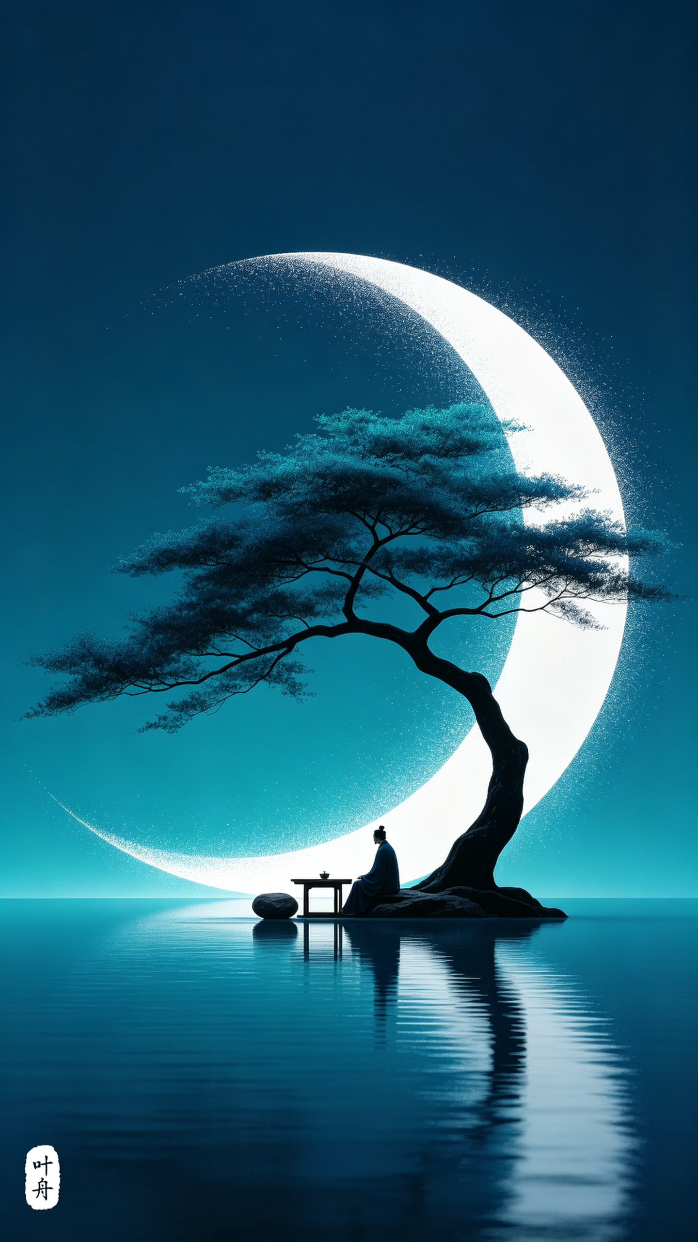 以碧蓝色背景为主色调平面正视图，沉稳高级，白色与碧蓝色渐变粒子线条形成优美一片月牙水面，一人做在树下，树冠造型向人物方向倾斜伸展，一石，一桌，形态，抽象，营造轻奢、精致质感，强调稳定与聚焦，风格偏向商业美学。左下角加小… - AI提示词参考图，来自西西提示词