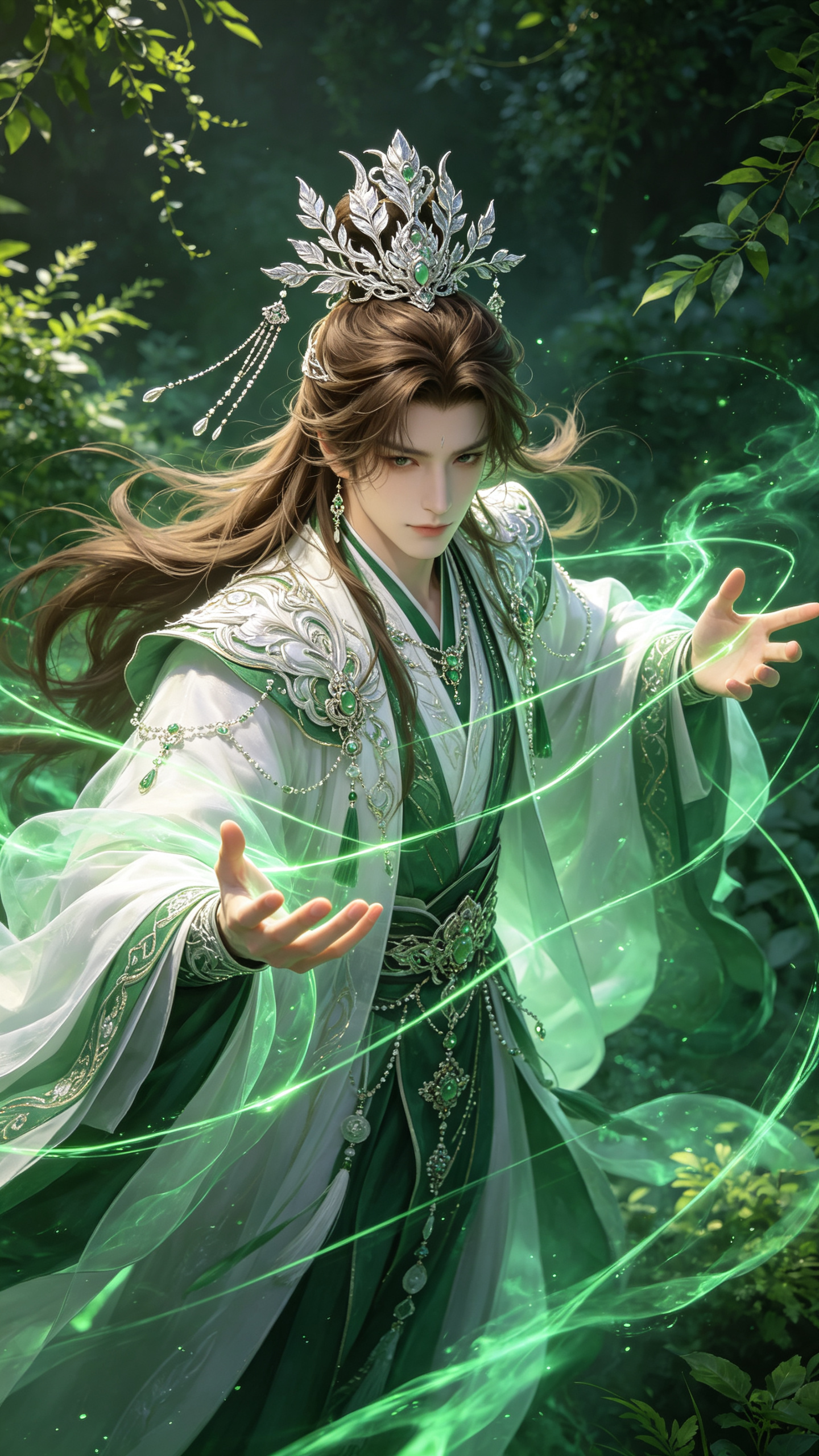 一个古装华服美男子，茶色超长发，发量多蓬松，戴精致繁复银色树叶流苏发冠。冷白皮，肌身穿白+绿厚重纱质华丽古装，配有极尽奢华的饰品，肤细腻，以动态日常快照的形式呈现，采用3D厚涂，CG建模风格，绘制出如同插画般写实且富有… - AI提示词参考图，来自西西提示词