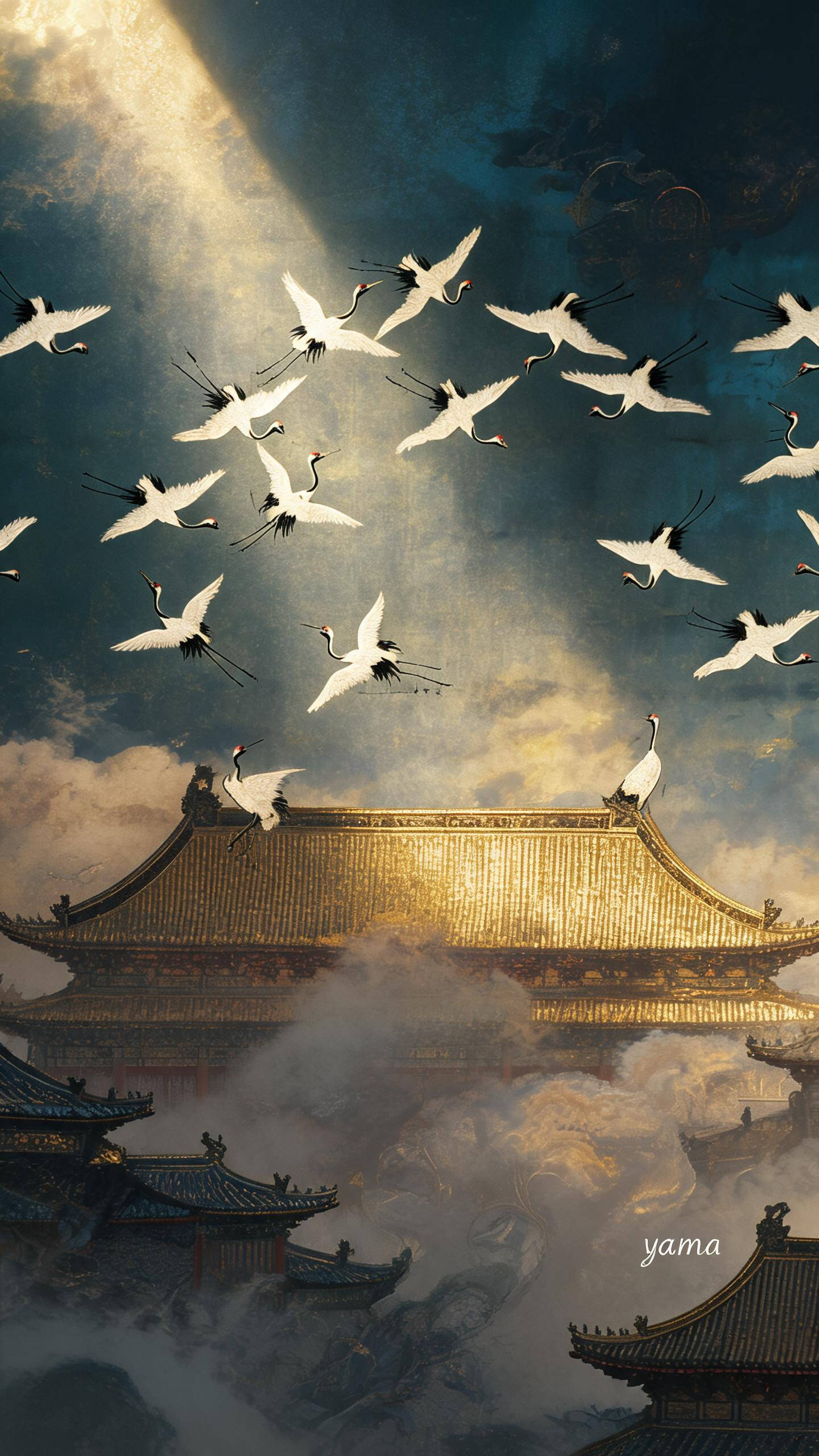 中式审美巅峰，宋代缂丝风格，《瑞鹤图》，古画质感，祥瑞之光，北宋都城汴京，宫殿金顶丹顶鹤盘旋飞舞，叙事镜头，宏大叙事、强戏剧光影融合摄影风格数字艺术，用叙事故事影像语言，古代古人，突破视觉边界，视觉美学，违背物理规律的… - AI提示词参考图，来自西西提示词