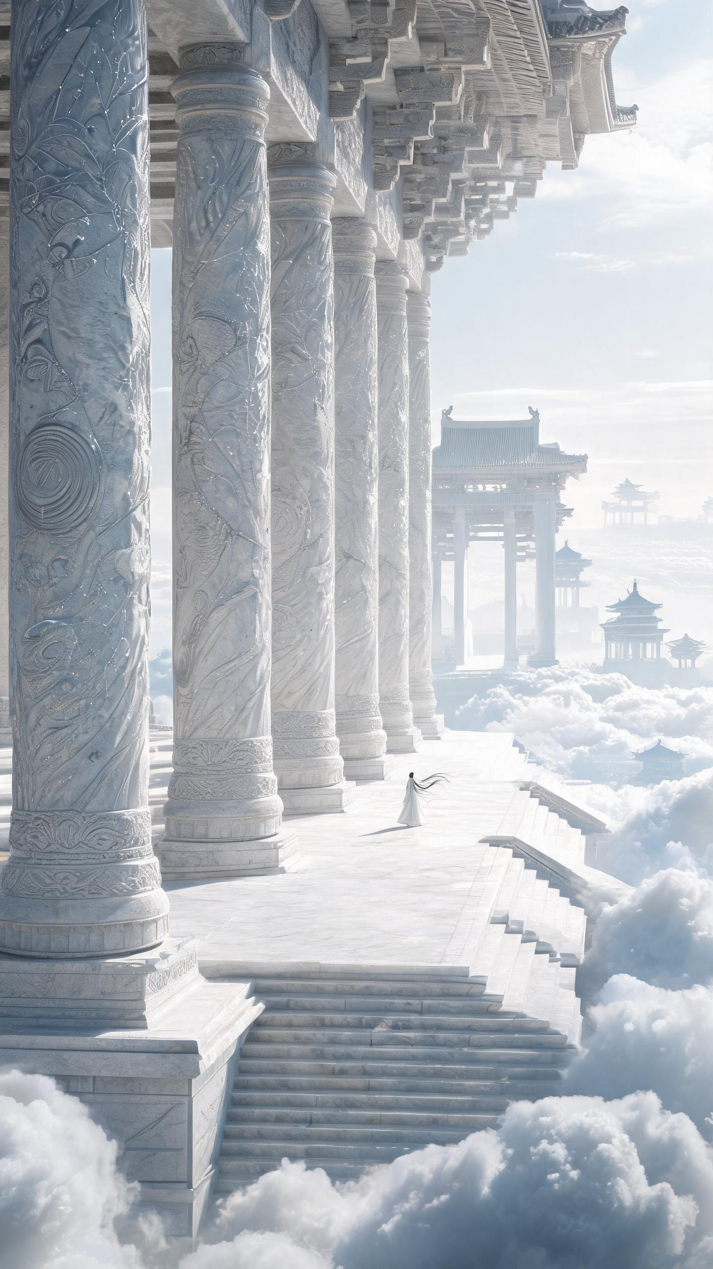 9:16竖版，东方天宫巨构场景。画面左侧被一排巨型石柱占据——柱径相当于八位仙人身高，柱身向上延伸至画框之外，共七根石柱从近处向远方重复排列，形成强烈的透视收束线，消失点消失在画面右上方约1/3处。石柱由珍珠灰石材构成… - AI提示词参考图，来自西西提示词