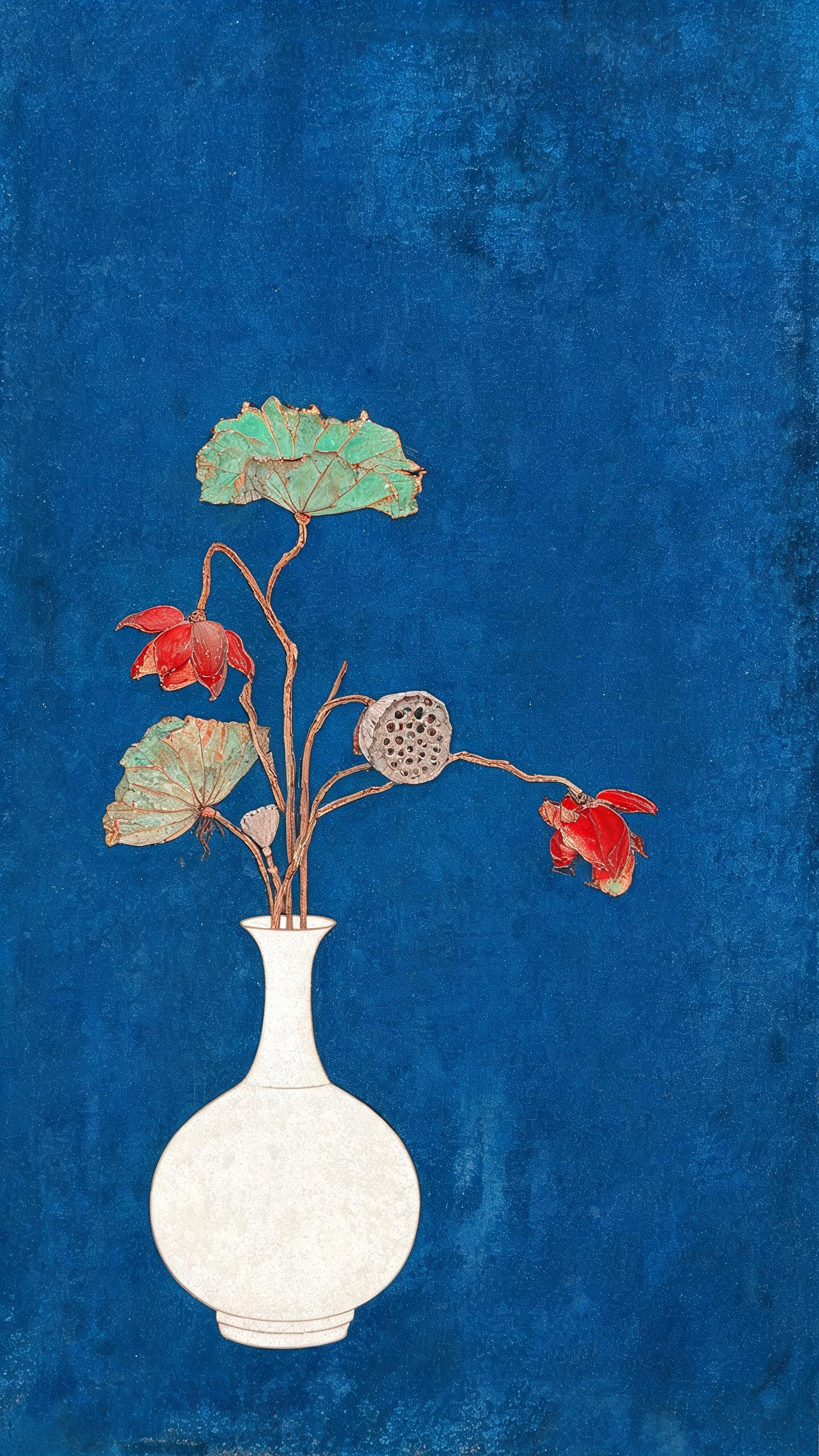 一幅漆画风格的中式古典插花作品，采用经典色彩组合朱砂红、石绿、钛白，以极简且具大师级水准的构图呈现，整体风格古朴、笨拙却意趣盎然，画面大幅留白，瓶中插着几枝中式枯萎的荷花。底色为旧蓝宝石纯色，常玉感 - AI提示词参考图，来自西西提示词