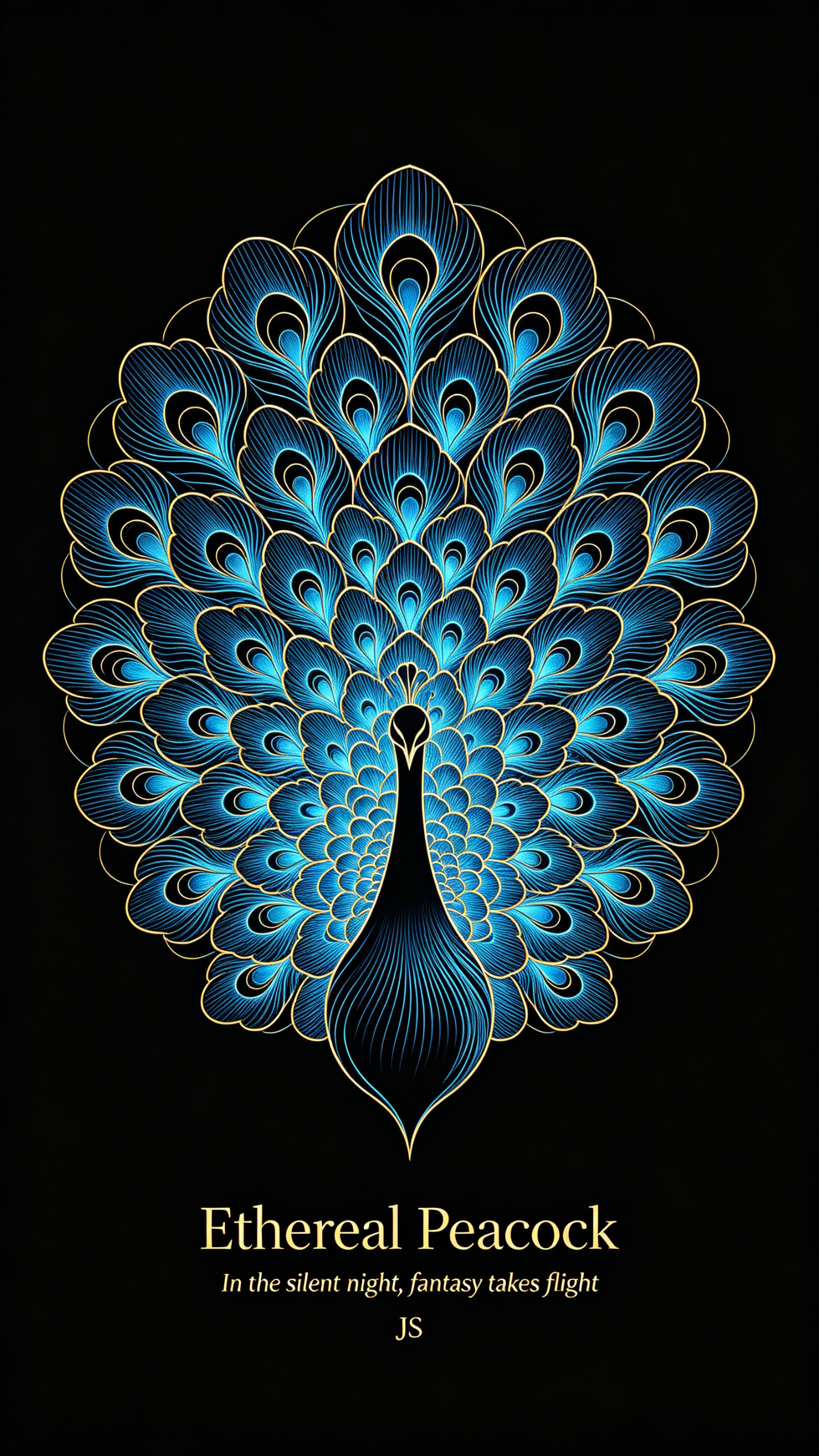 纯黑背景的竖版国风奇幻线稿插画，中央是一条优雅开屏的抽象孔雀，正构图，孔雀由荧光蓝色线条与极细金色金属勾边共同描绘，羽翼转化为层层叠叠的花瓣阵列，花瓣排列紧密但秩序清晰，线条柔美灵动，外部轮廓极简流畅，内部纹饰繁复精致… - AI提示词参考图，来自西西提示词