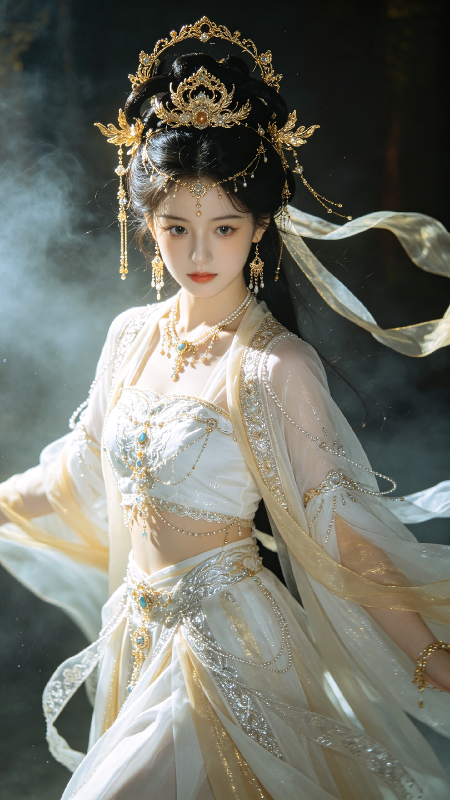 身着敦煌风格服饰的白色金丝长袍神女,纯欲脸,幼态脸,其服饰线条优美流畅,材质轻柔飘逸,在微风中轻轻舞动,凸显出敦煌西域服饰独特的韵味与典雅气质真人写真 ,长相精致,皮肤瓷白、细腻、透亮泛着莹润光泽的年轻漂亮的女孩,高饱… - AI提示词参考图,来自西西提示词