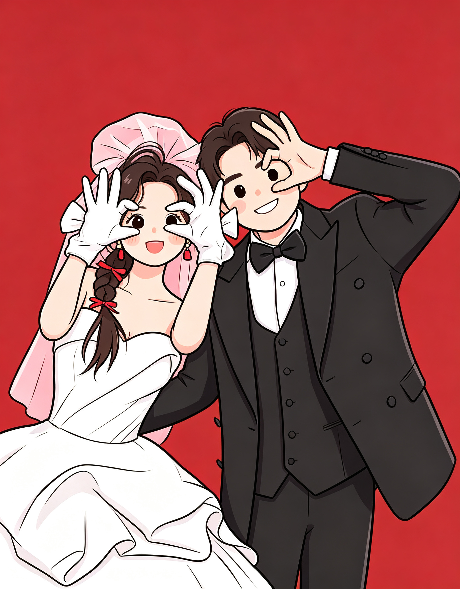 ##Q版可爱风婚纱照,中景构图,平视视角,请给出线稿,描述人物特征 - AI prompt reference from CC Prompt Galaxy