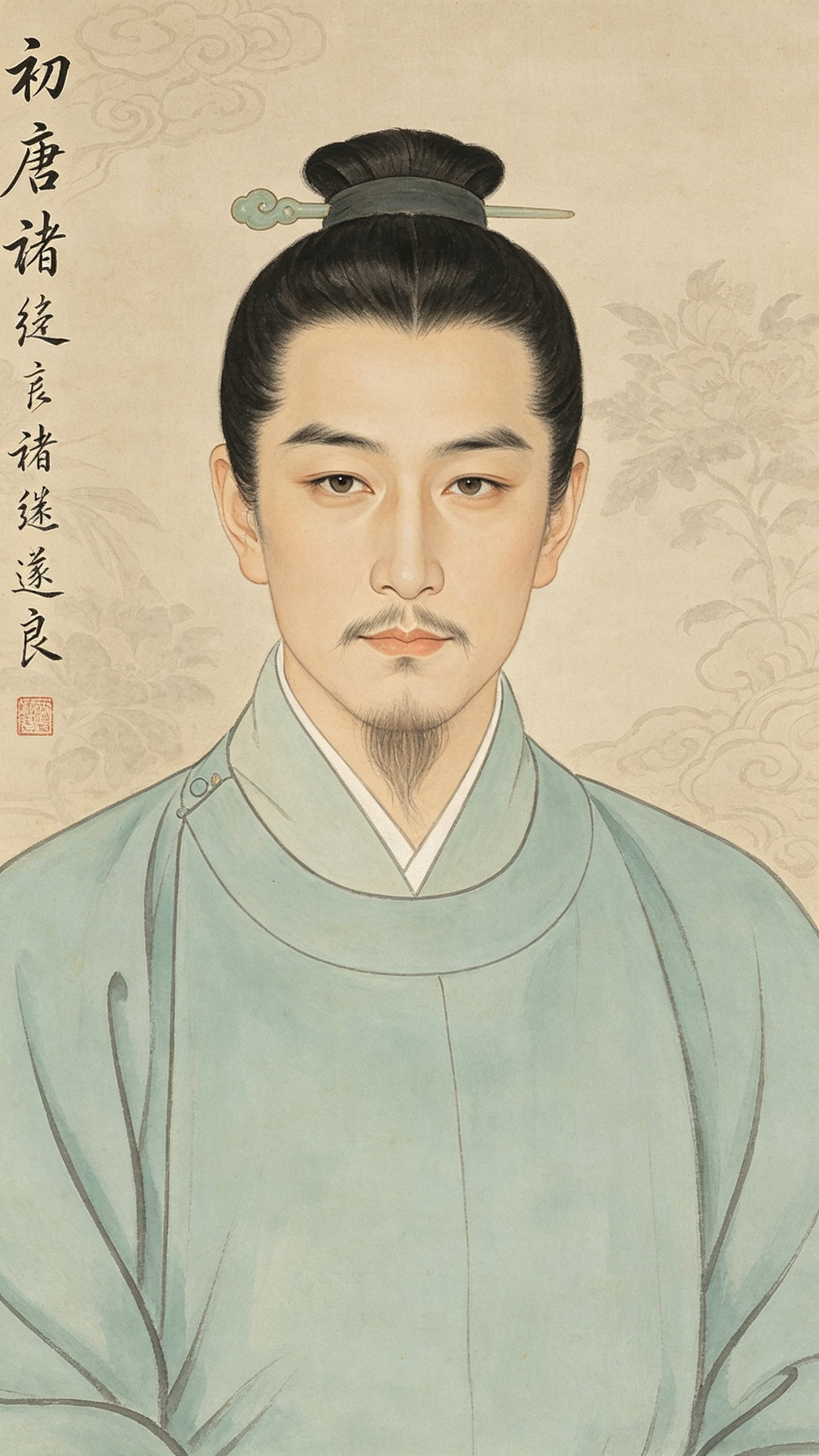 半身油画人物肖像,初唐书法家褚遂良,中年文士样貌,面容清俊斯文,眉目修长,神态儒雅睿智,束发配唐代文士玉簪,身着浅青色唐式圆领文官常服,衣纹线条细腻,淡彩工笔设色,柔和室内自然光,淡雅古朴色调,中式暗纹素色背景,传统国… - AI提示词参考图,来自西西提示词