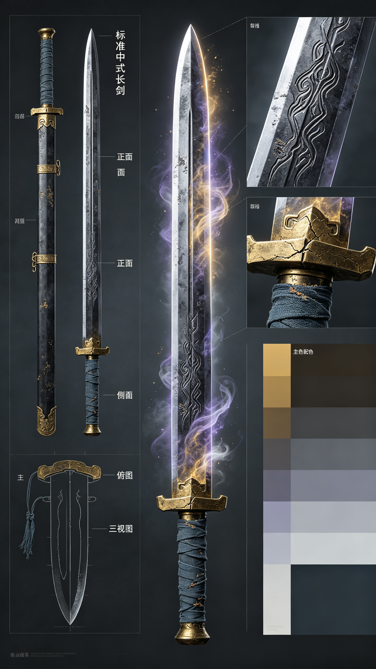 道具 3： 【道具名称】叶尘佩剑（初代混沌剑气载体） 【道具定位】重要武器 / 角色逆袭的视觉宣言 【外观结构】标准中式长剑，剑身修长笔直，略带弧度，护手为简洁的椭圆形，剑柄缠有深色布条，剑格处有一道细小的裂纹。 【材… - AI提示词参考图，来自西西提示词