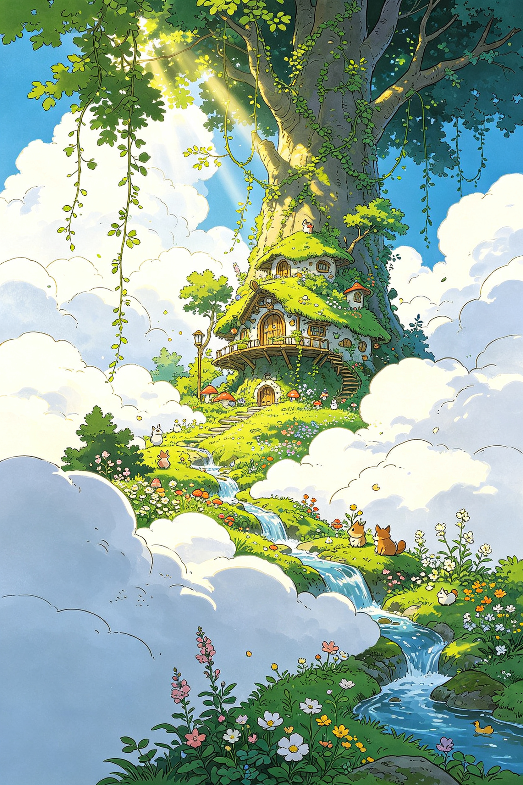 宫崎骏动画画风，Moebius (Jean Giraud)风格，极繁主义，神秘感，大师构图构图，细节完美，获奖作品。建立在云朵中间的森林秘境，绿野仙踪，画面干净，色彩丰富，整体画面运用明亮鲜艳的白、绿、蓝色为主色调，营… - AI prompt reference from CC Prompt Galaxy
