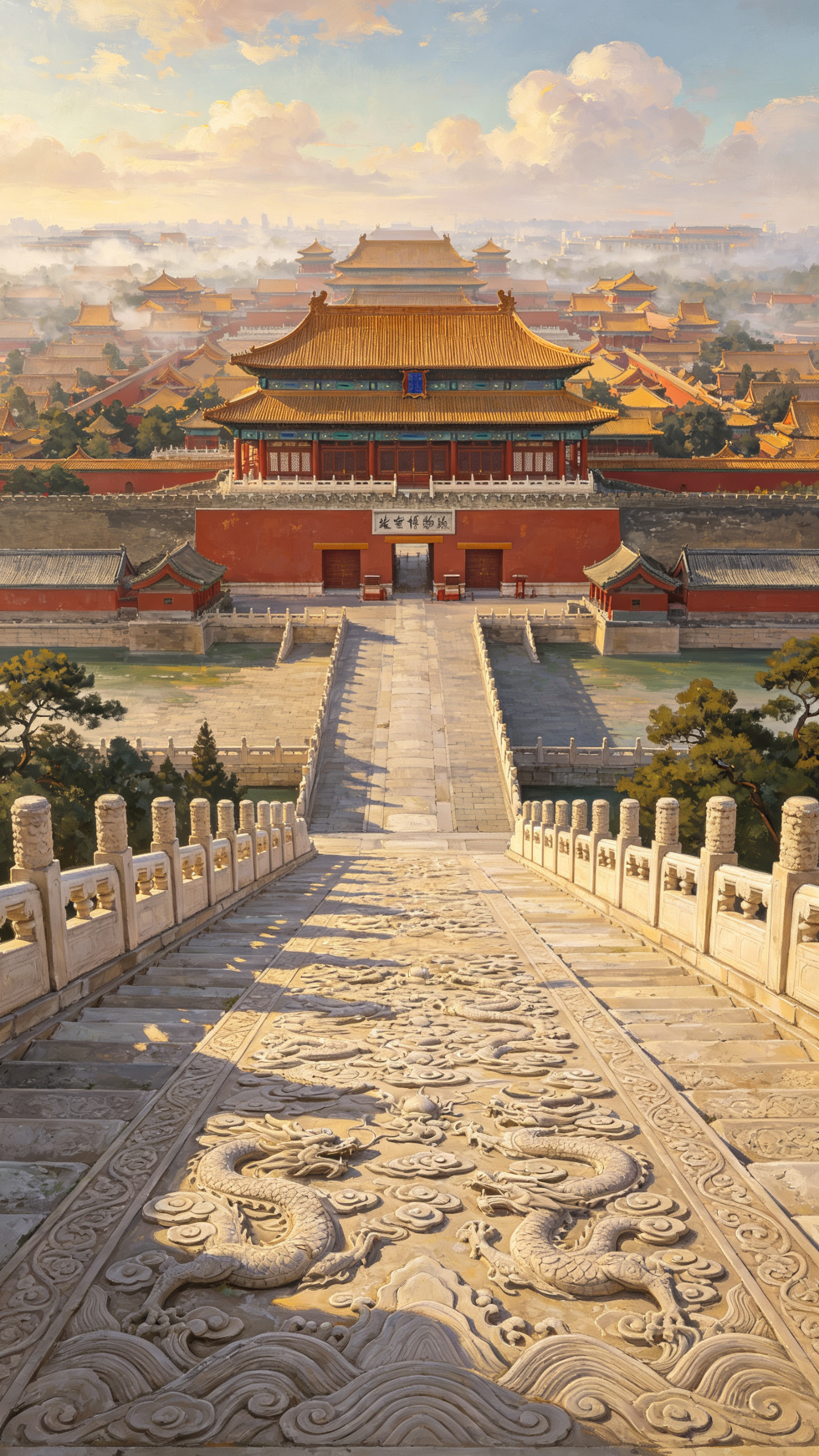 全景远景，明代永乐年间大明故宫紫禁城全景建筑群，明初皇家宫殿，红墙黄琉璃瓦，木质斗拱结构，太和殿（奉天殿）宏伟重檐庑殿顶，汉白玉须弥石台基表面布满精细丹陛石雕，纹理包含祥云、瑞兽、卷草纹等明初皇家制式图案，雕刻线条深邃… - AI提示词参考图，来自西西提示词