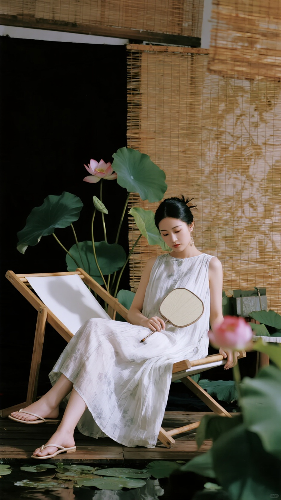 KodakektaChrome100E胶片，Mamiya645，28mm广角镜头，聚焦人物主体，焦外二线虚化，前景荷塘，极简主义，复古胶片色调，细节生动完美，江南美人，成熟温柔，天生丽质，杏眼，皮肤洁白细腻，宽松无袖长… - AI prompt reference from CC Prompt Galaxy