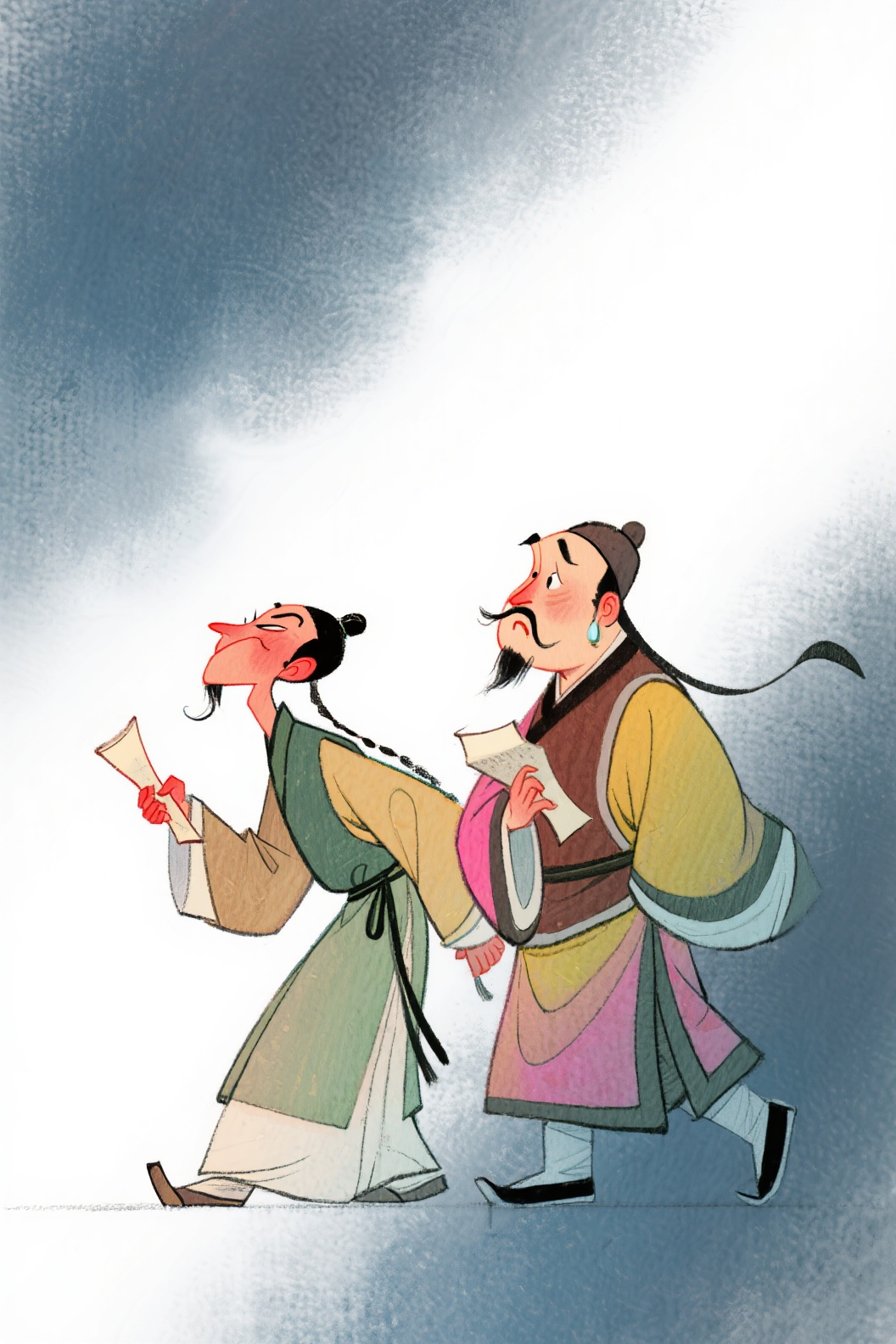 奇葩创作，唯一性！插画风格，高定风，景深，蓝灰色渐变磨砂肌理背景，人物线条婉约扭曲，夸张，幽默，质感，但不失淡定，抬头，低头，转头的各种动作。飘散迷雾边缘朦胧伦勃朗光背景渗入角色，高度创意，红黄绿粉棕渐渗透魔变，京城二… - AI提示词参考图，来自西西提示词