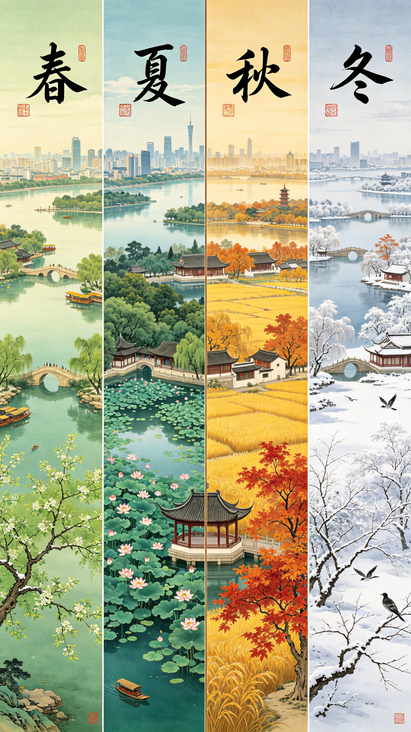 中国工笔画寫實風 。流暢的广州水乡照片，从天空俯瞰大明湖，四豎幅，四幅是同一副照片而突出四個季節的不同，按順序分別是春天、夏天、秋天、冬天四個季節的維度，四幅畫面上方用行书.字體分別寫著“春”“夏”“秋”“冬”，每個字… - AI提示词参考图，来自西西提示词