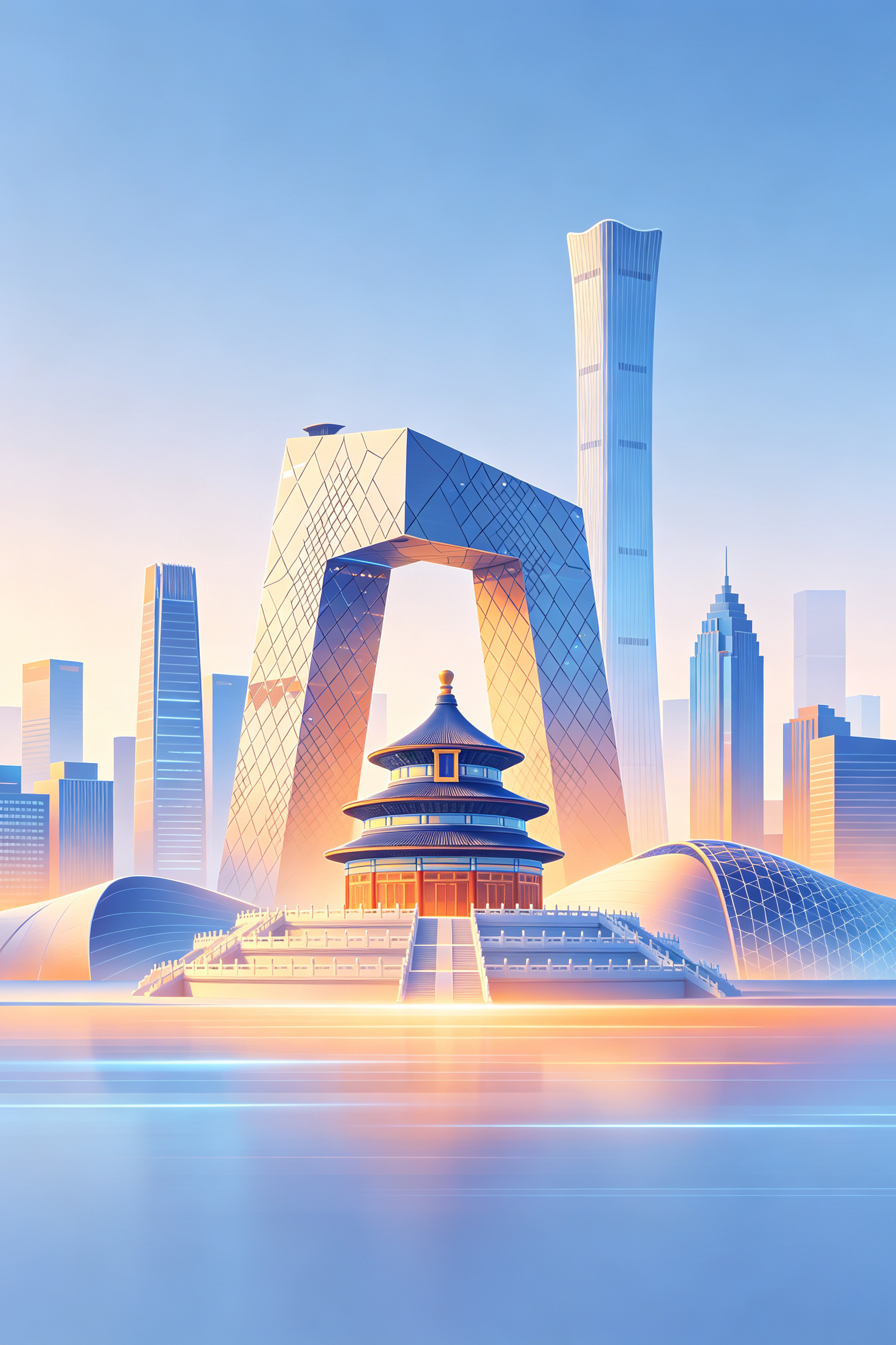 矢量插图，蓝橙色炫彩渐变光效，融合城市元素。画面中央北京地标建筑景象，建筑具有科技感与结构美，包含北京城市建筑，象征文化与科技的融合。整体构图极简，淡蓝色渐变背景，光线柔和而极致。采用数字艺术与C4D质感风格，画面通透… - AI提示词参考图，来自西西提示词