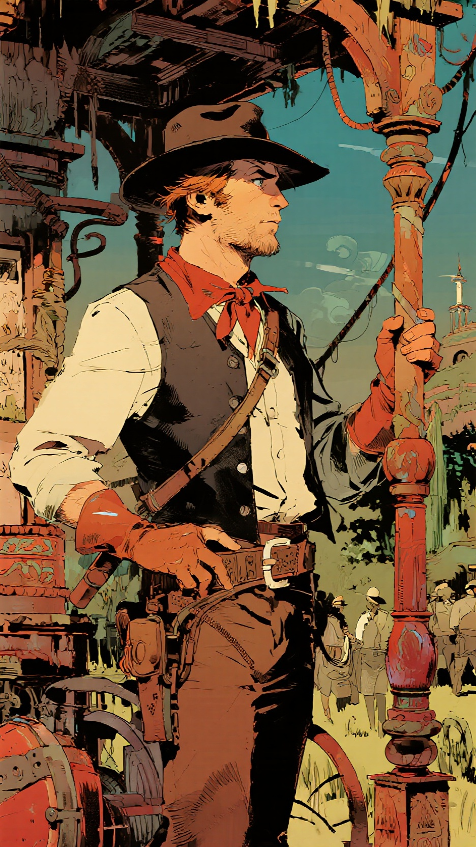 Moebius (Jean Giraud)风格绘画，极繁主义，西部牛仔，极致细节，炫丽，油画质感，超写实，真人，电影级质感，cg动画渲染 - AI提示词参考图，来自西西提示词